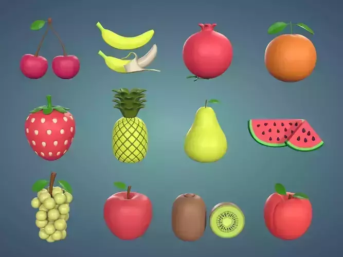 Cartoon Fruit Pack -- Banana Ananas Strawberry Watermelon Kiwi Low-poly 3D model