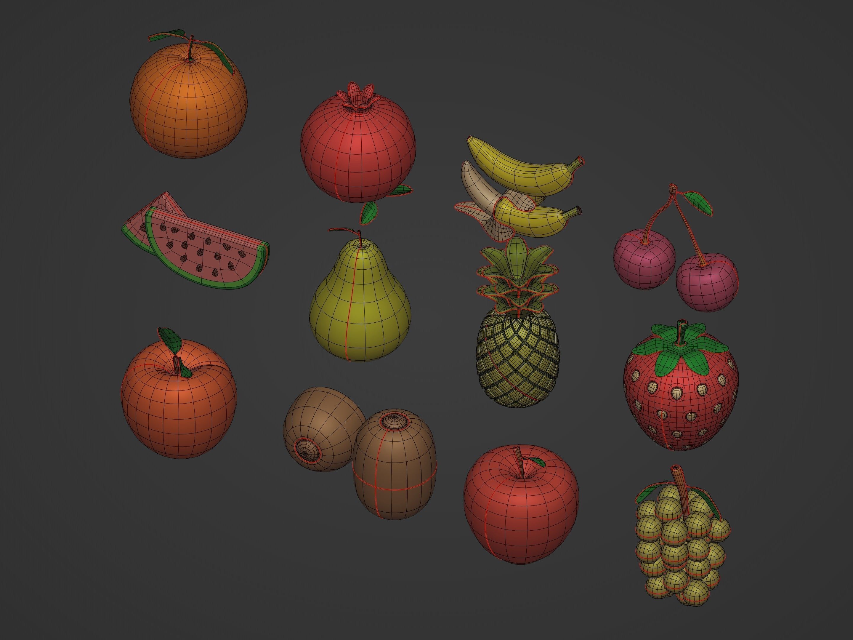 Cartoon Fruit Pack -- Banana Ananas Strawberry Watermelon Kiwi Low-poly 3D model_9