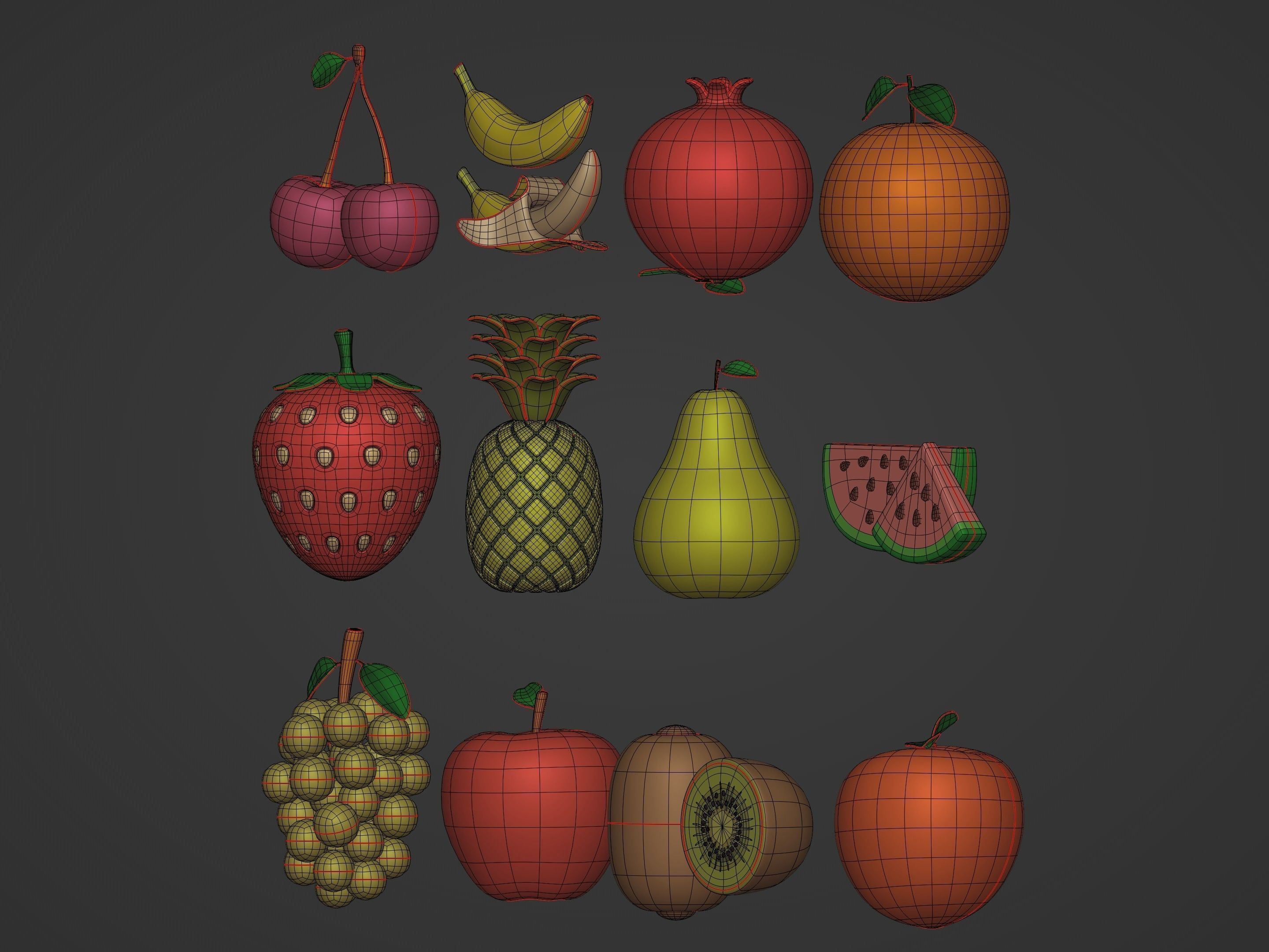 Cartoon Fruit Pack -- Banana Ananas Strawberry Watermelon Kiwi Low-poly 3D model_5