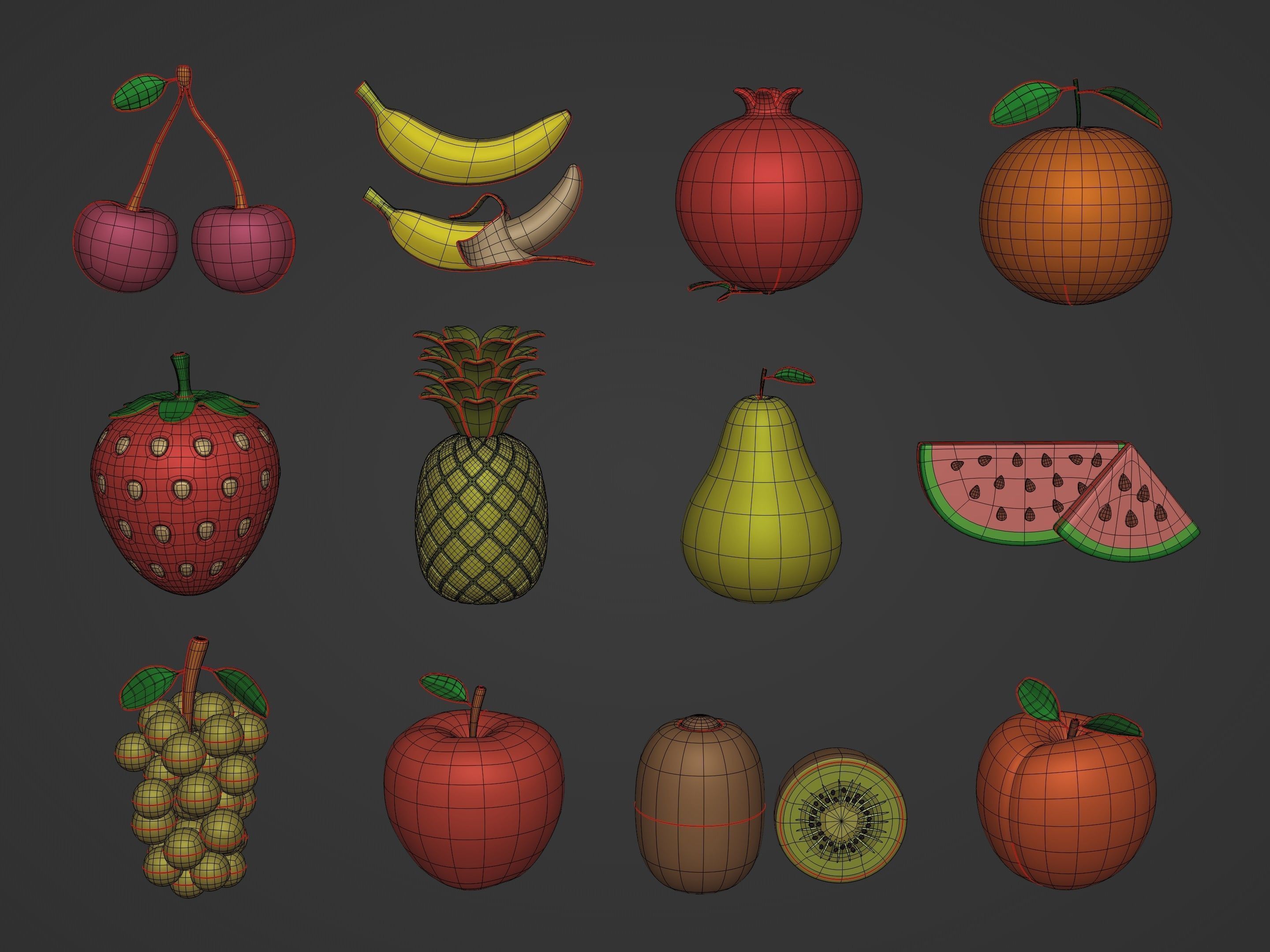 Cartoon Fruit Pack -- Banana Ananas Strawberry Watermelon Kiwi Low-poly 3D model_2