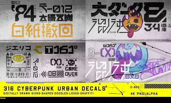 316 Hand Drawn Cyberpunk Urban Decals Texture