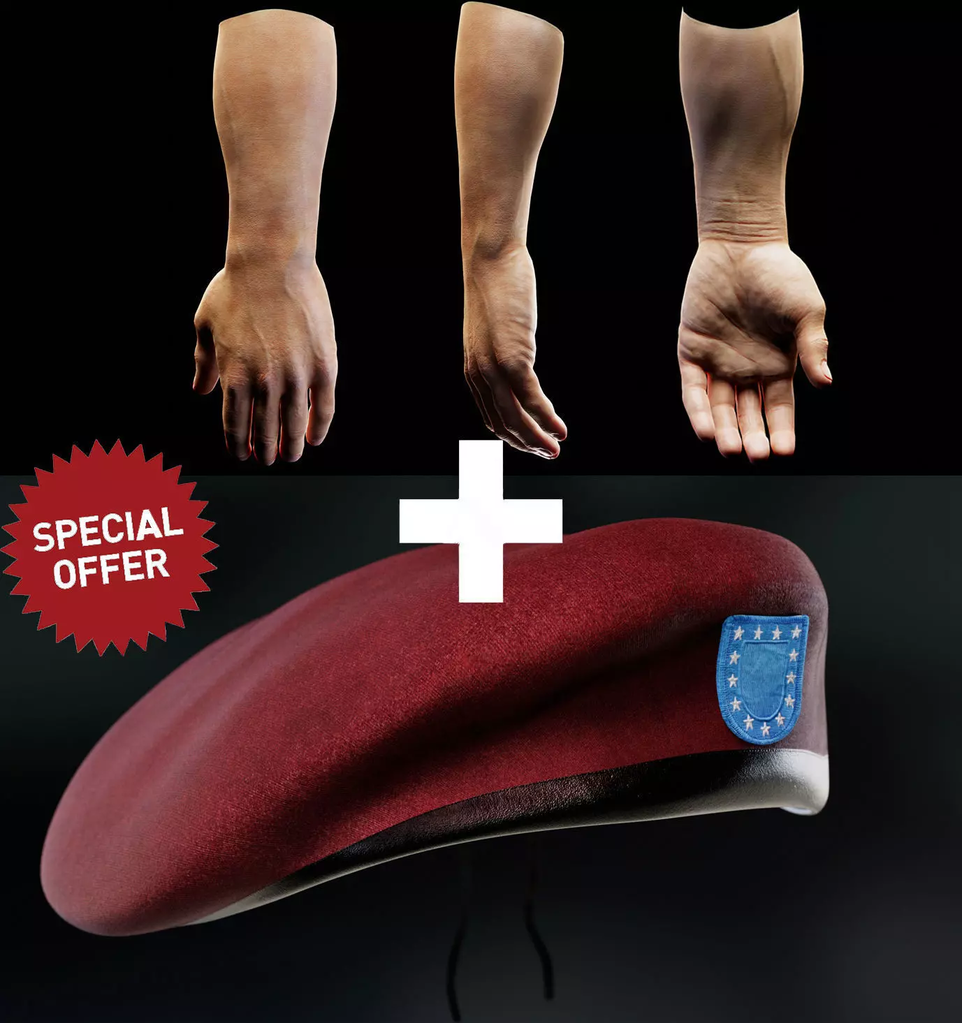 Army collection  Beret and Hand  Low-poly 3D model_0