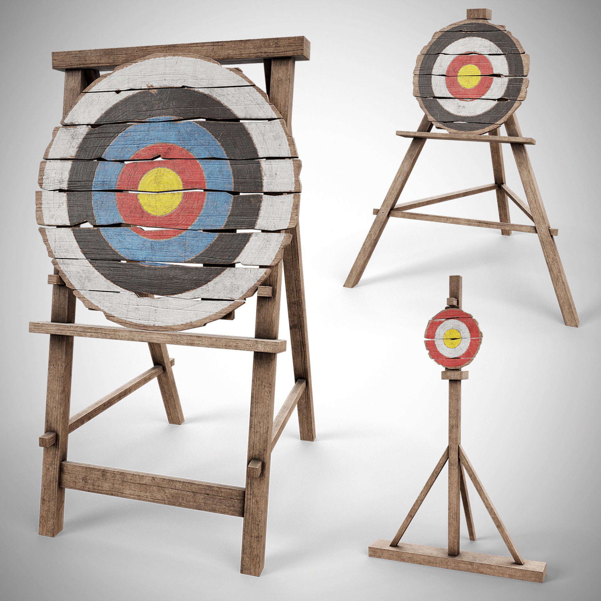 Set of 3 Medieval Training Wooden Targets Low-poly 3D model_2
