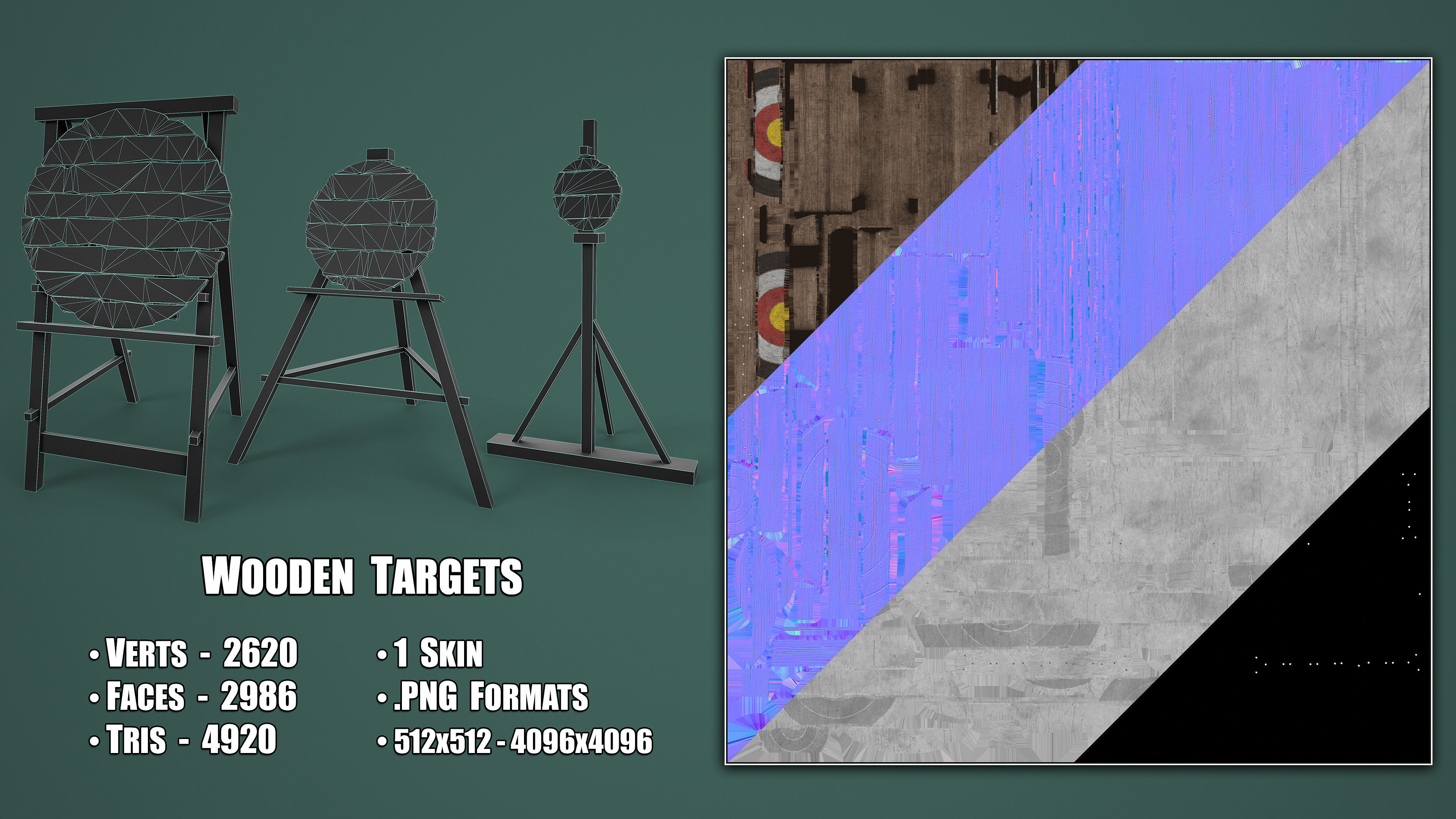 Set of 3 Medieval Training Wooden Targets Low-poly 3D model_3