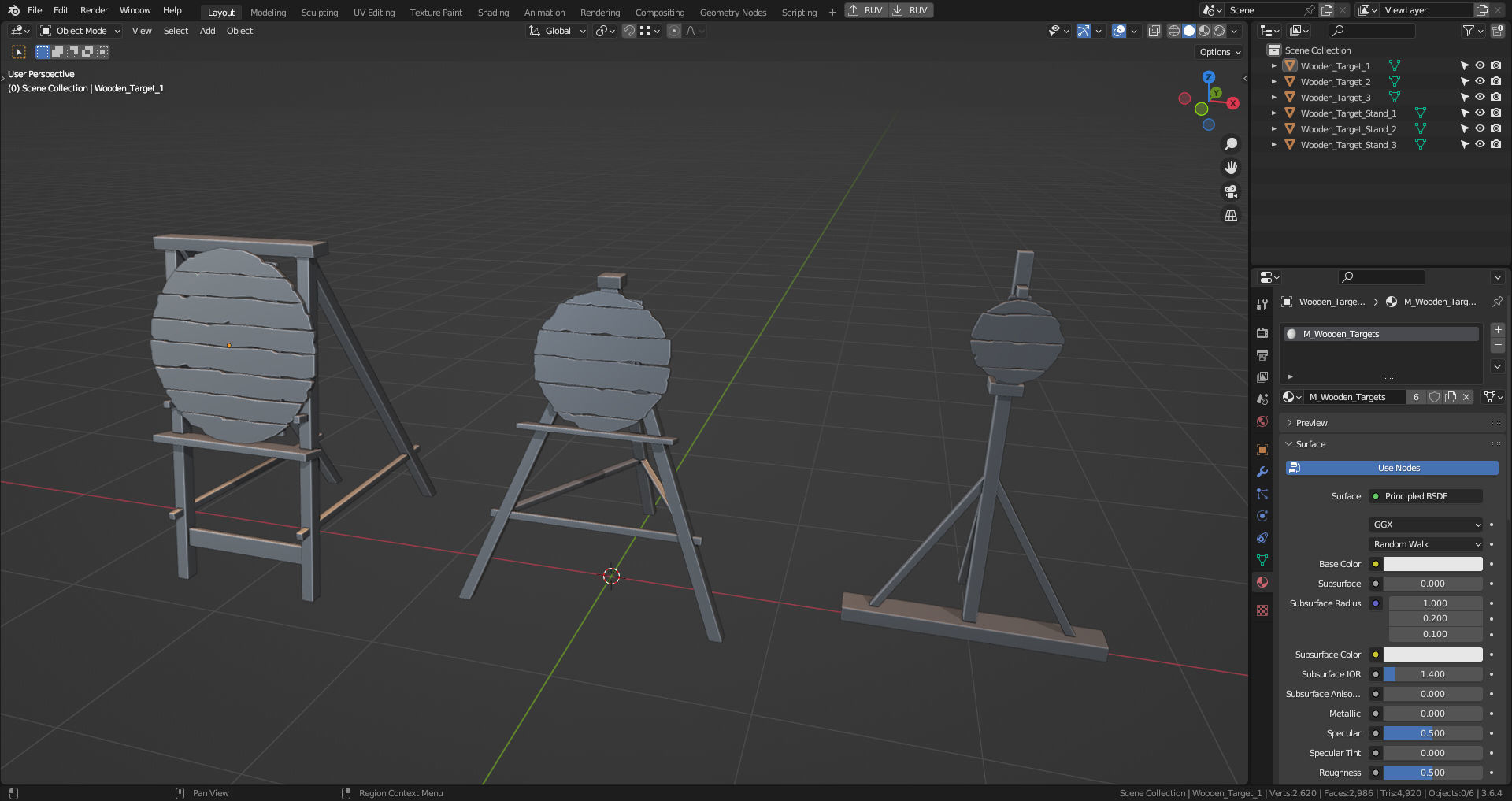 Set of 3 Medieval Training Wooden Targets Low-poly 3D model_10