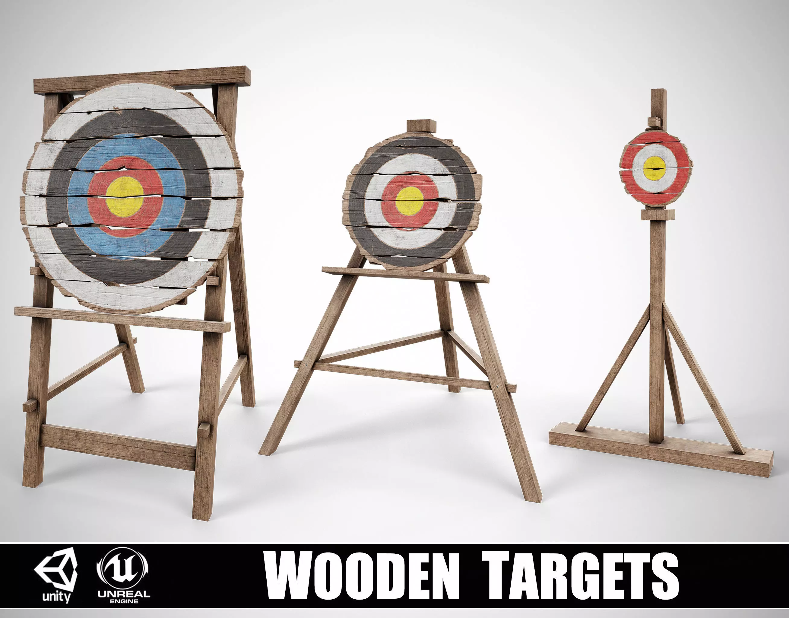 Set of 3 Medieval Training Wooden Targets Low-poly 3D model_0