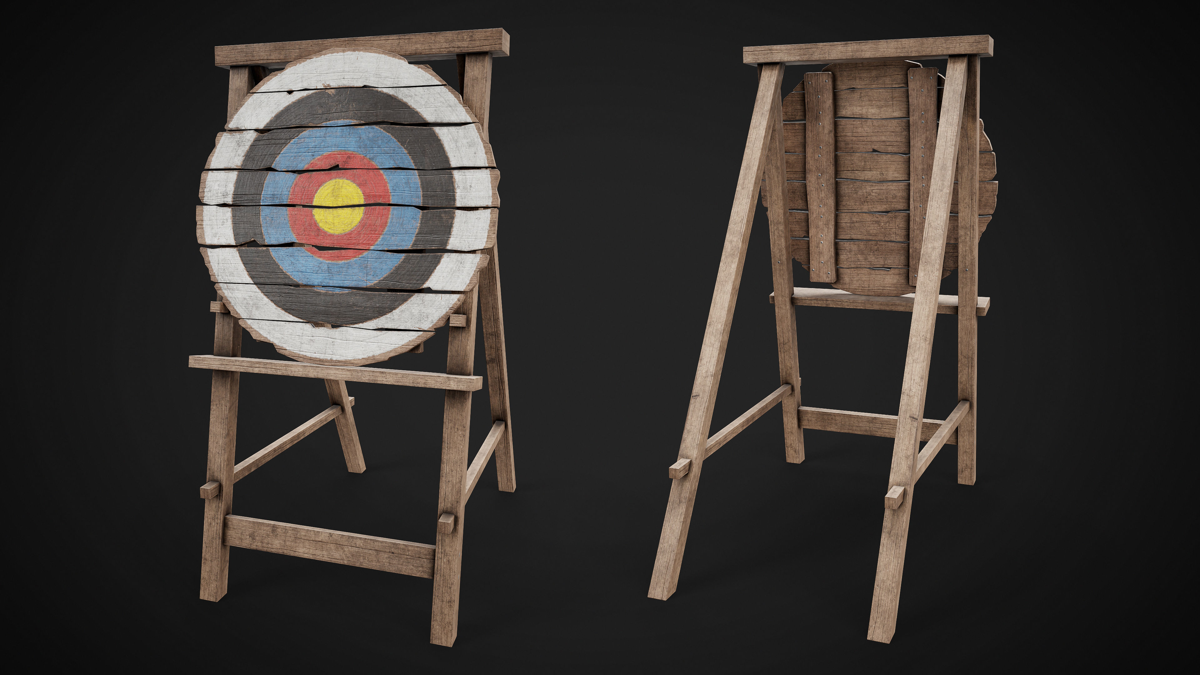 Set of 3 Medieval Training Wooden Targets Low-poly 3D model_4