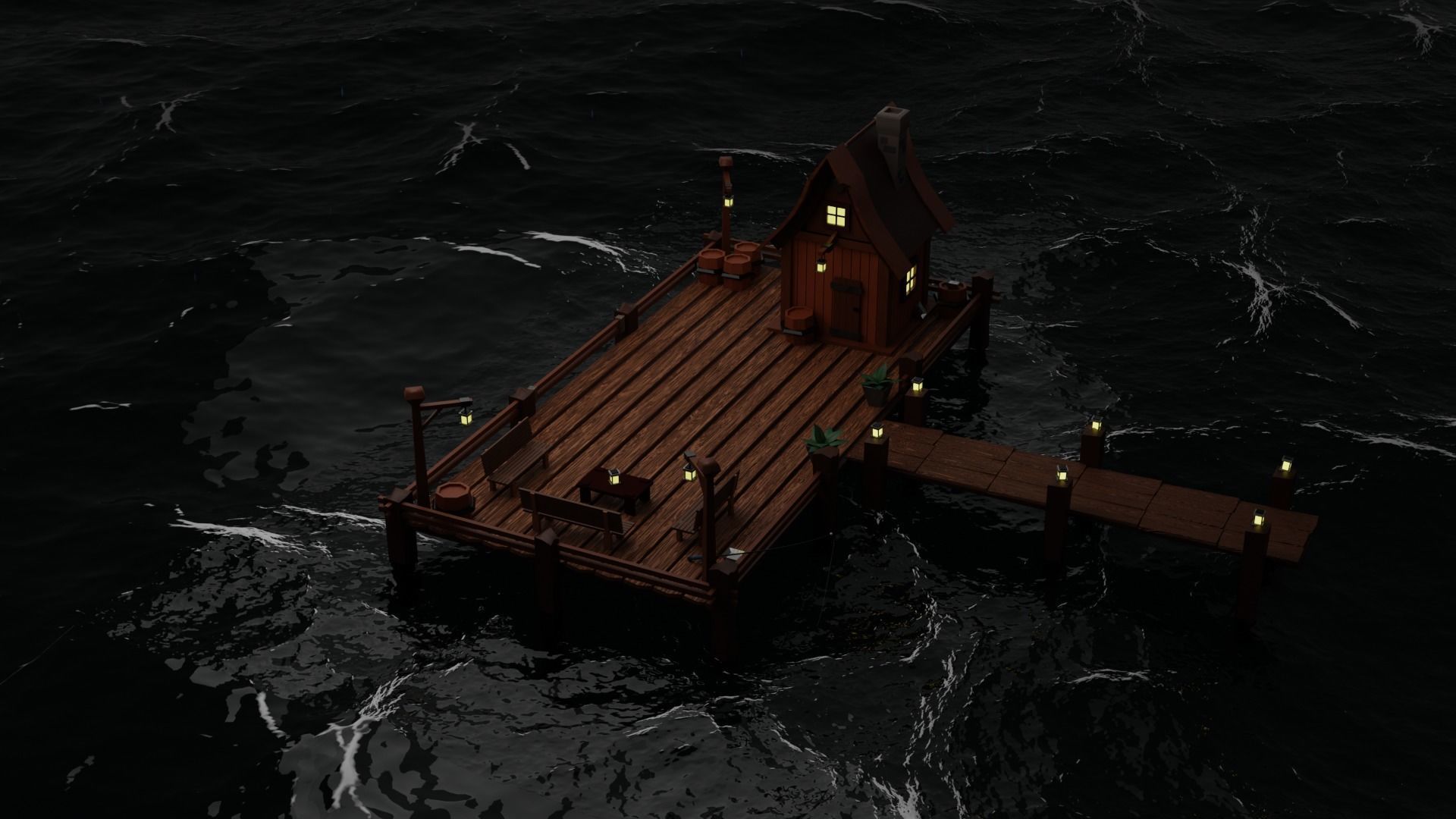 A Solitary Pier in the Stormy Sea Low-poly 3D model_9