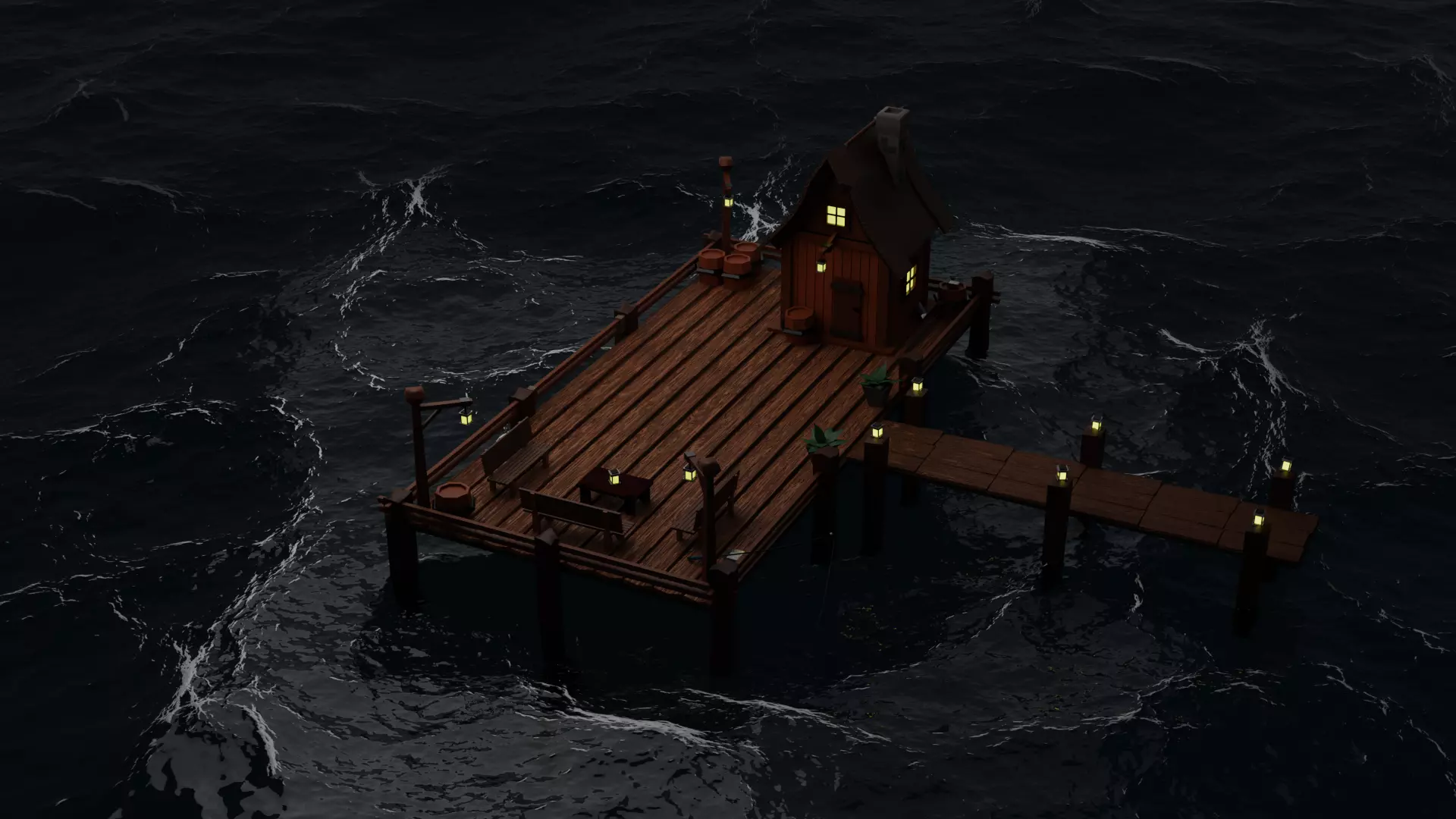A Solitary Pier in the Stormy Sea Low-poly 3D model_0