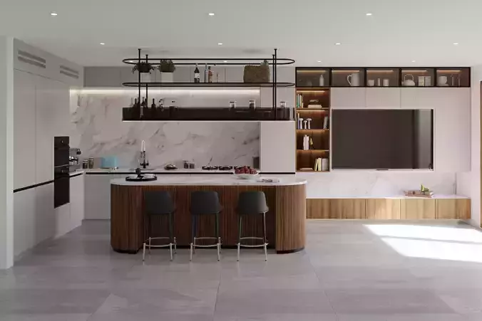 Modern Island Kitchen and TV unit timber and marble