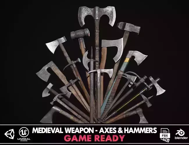 Medieval Weapon - Axes and Hammers Low-poly 3D model