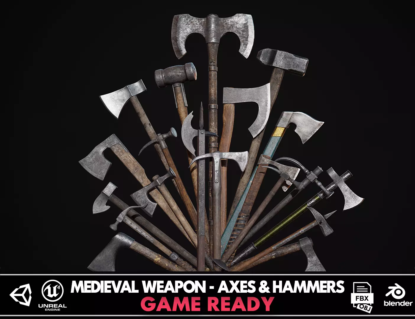 Medieval Weapon - Axes and Hammers Low-poly 3D model_0