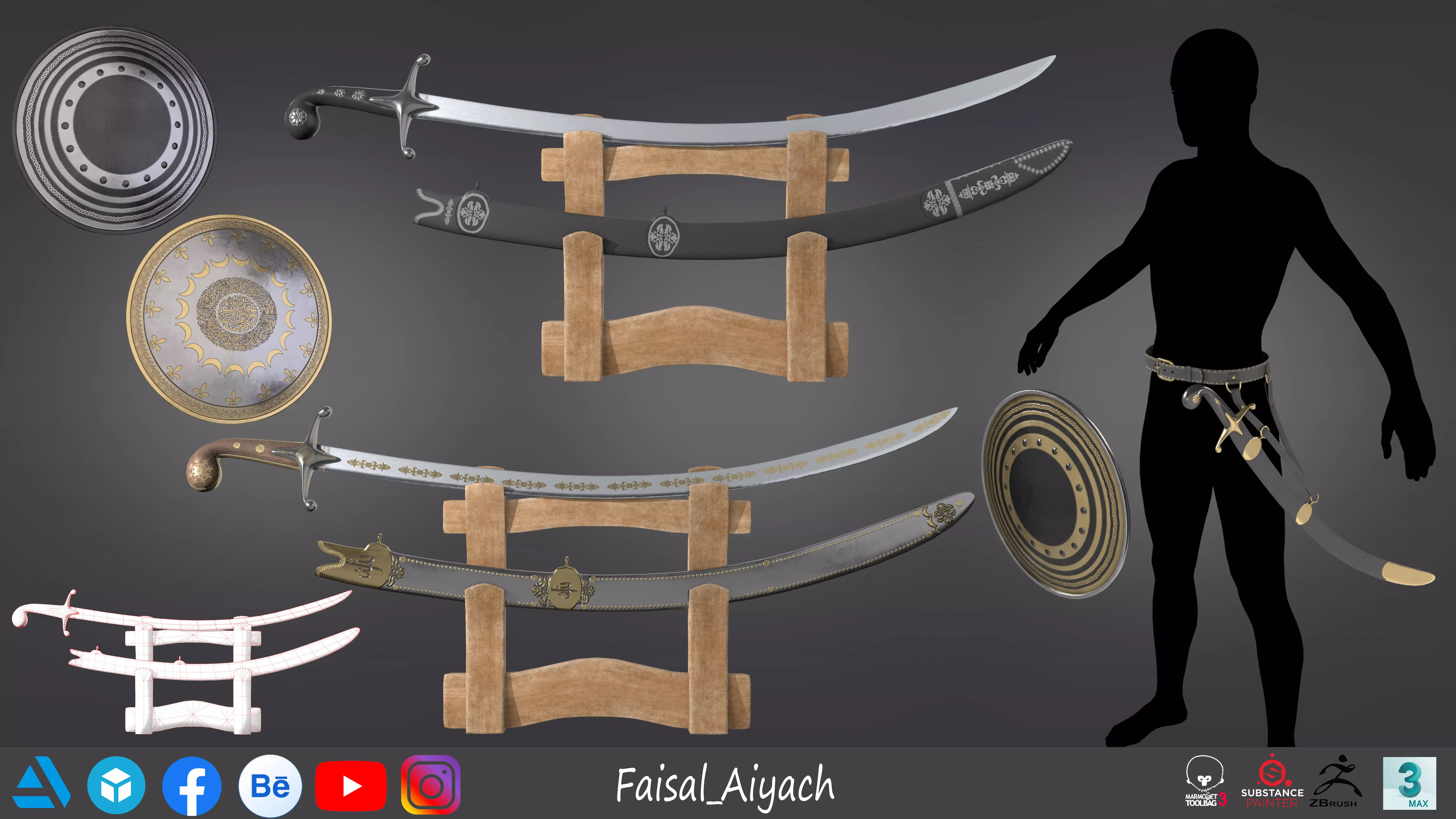 Arabic Sword And Shield Low-poly 3D model_0