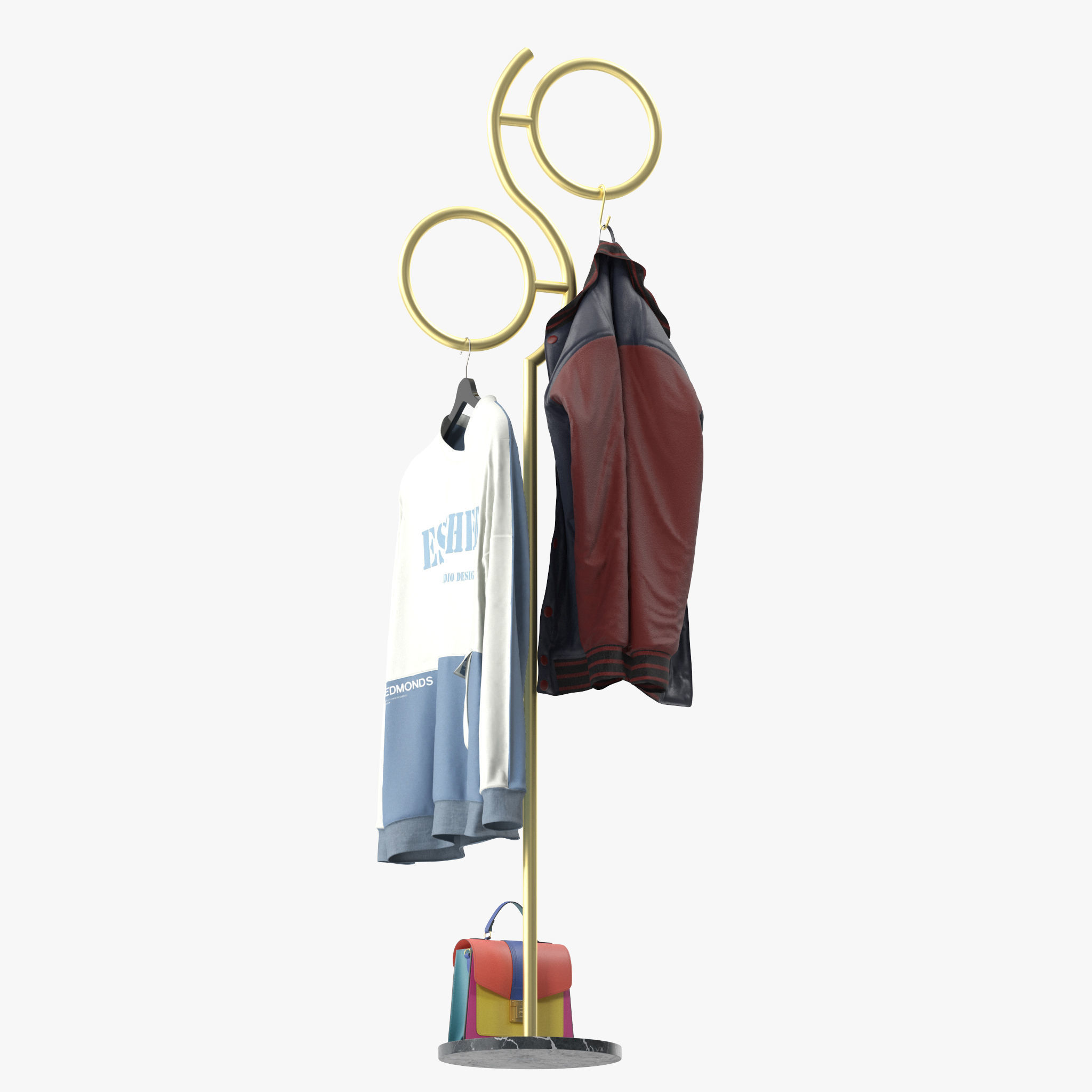 Hall Golden Metal Clothes Hanger Standing 3D model_6