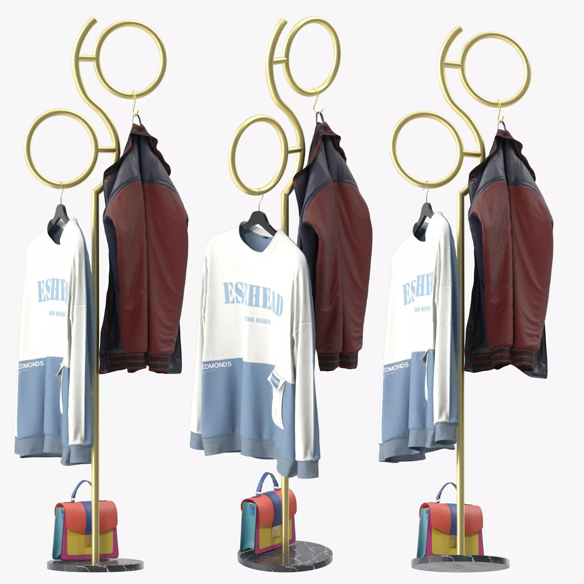 Hall Golden Metal Clothes Hanger Standing 3D model_0