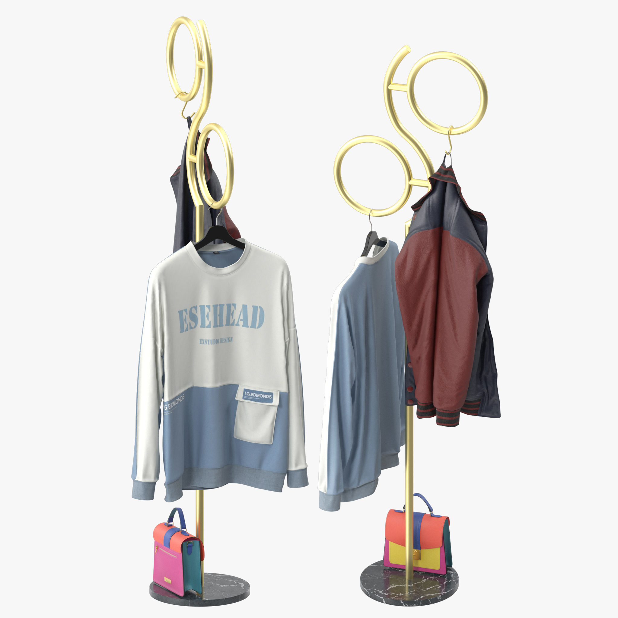 Hall Golden Metal Clothes Hanger Standing 3D model_2