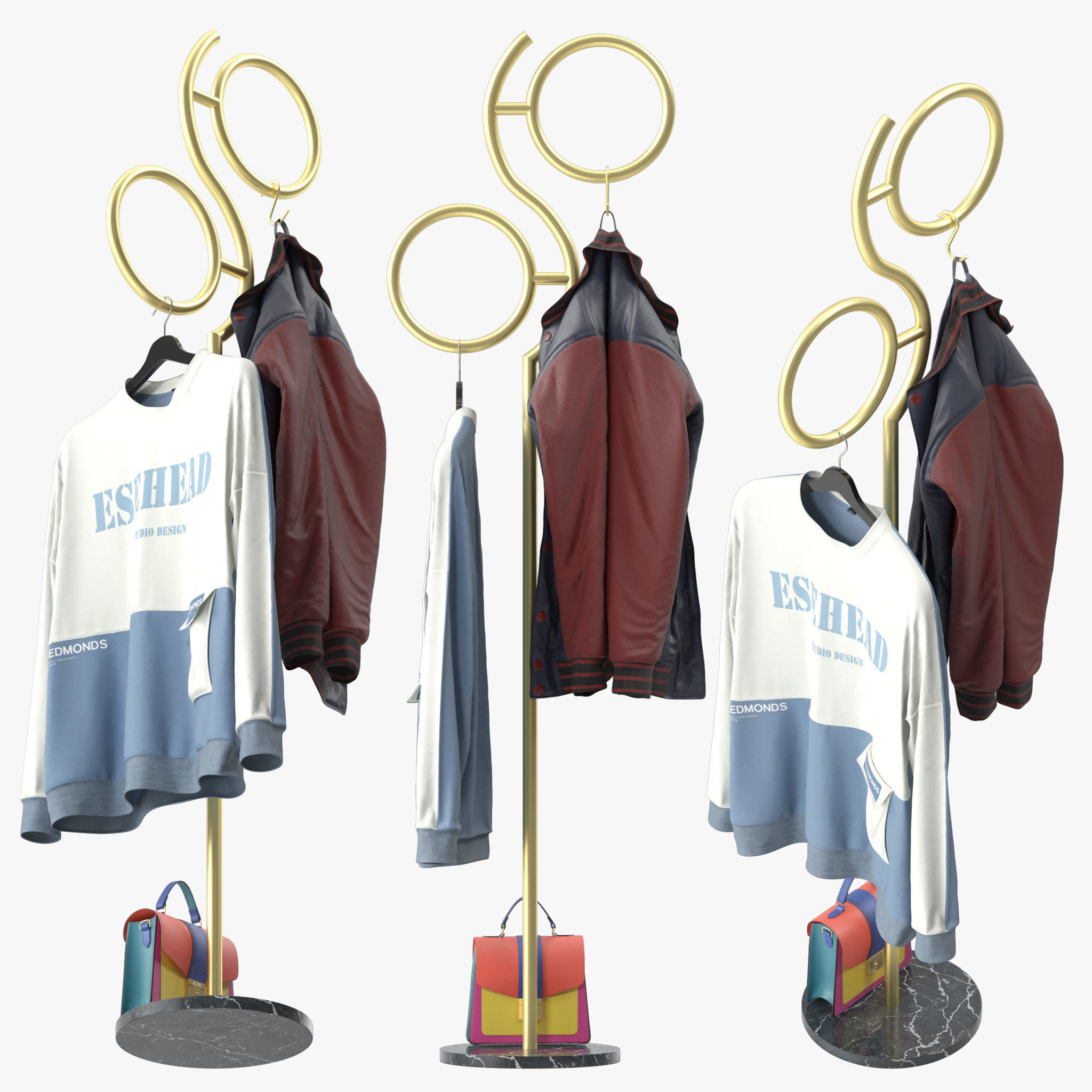 Hall Golden Metal Clothes Hanger Standing 3D model_1