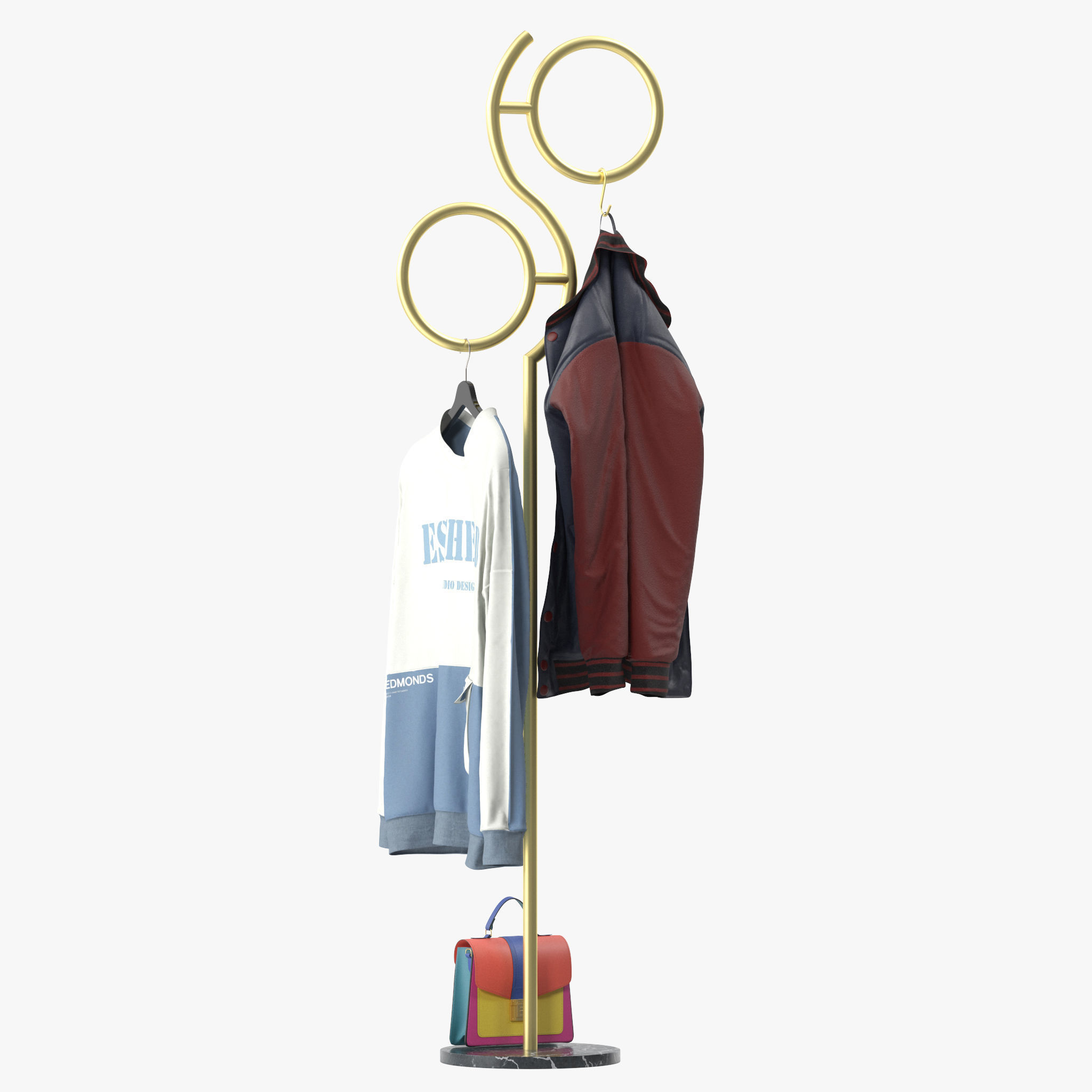 Hall Golden Metal Clothes Hanger Standing 3D model_5
