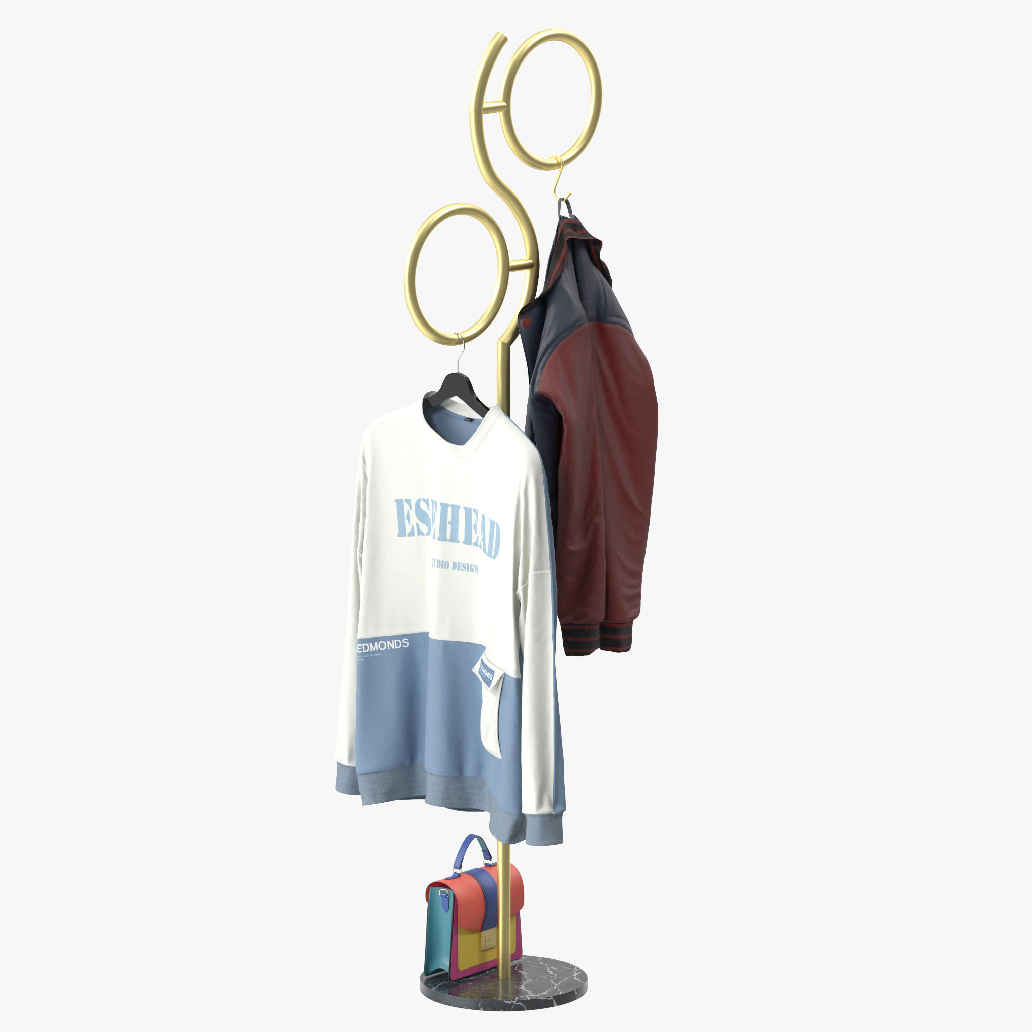 Hall Golden Metal Clothes Hanger Standing 3D model_4