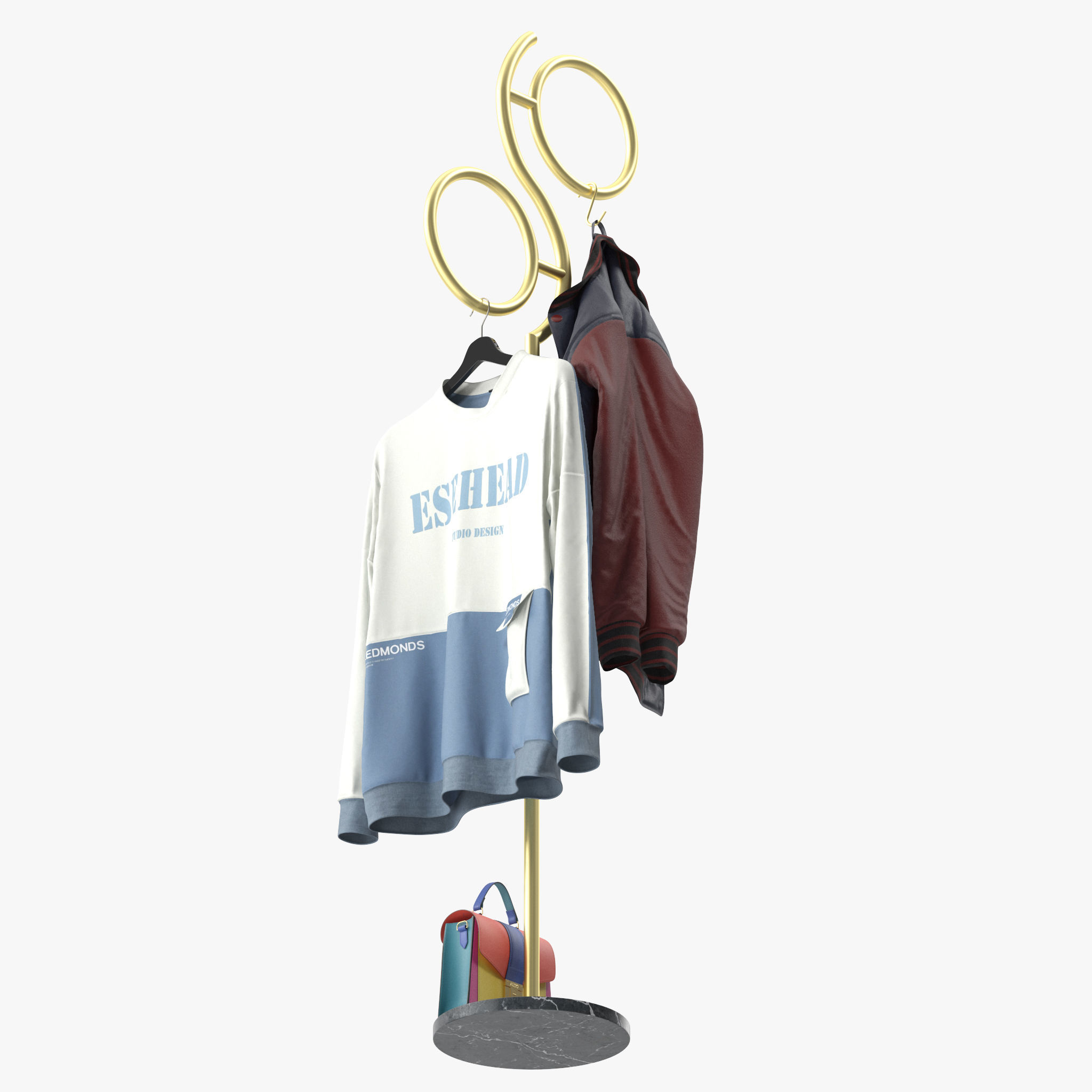 Hall Golden Metal Clothes Hanger Standing 3D model_9