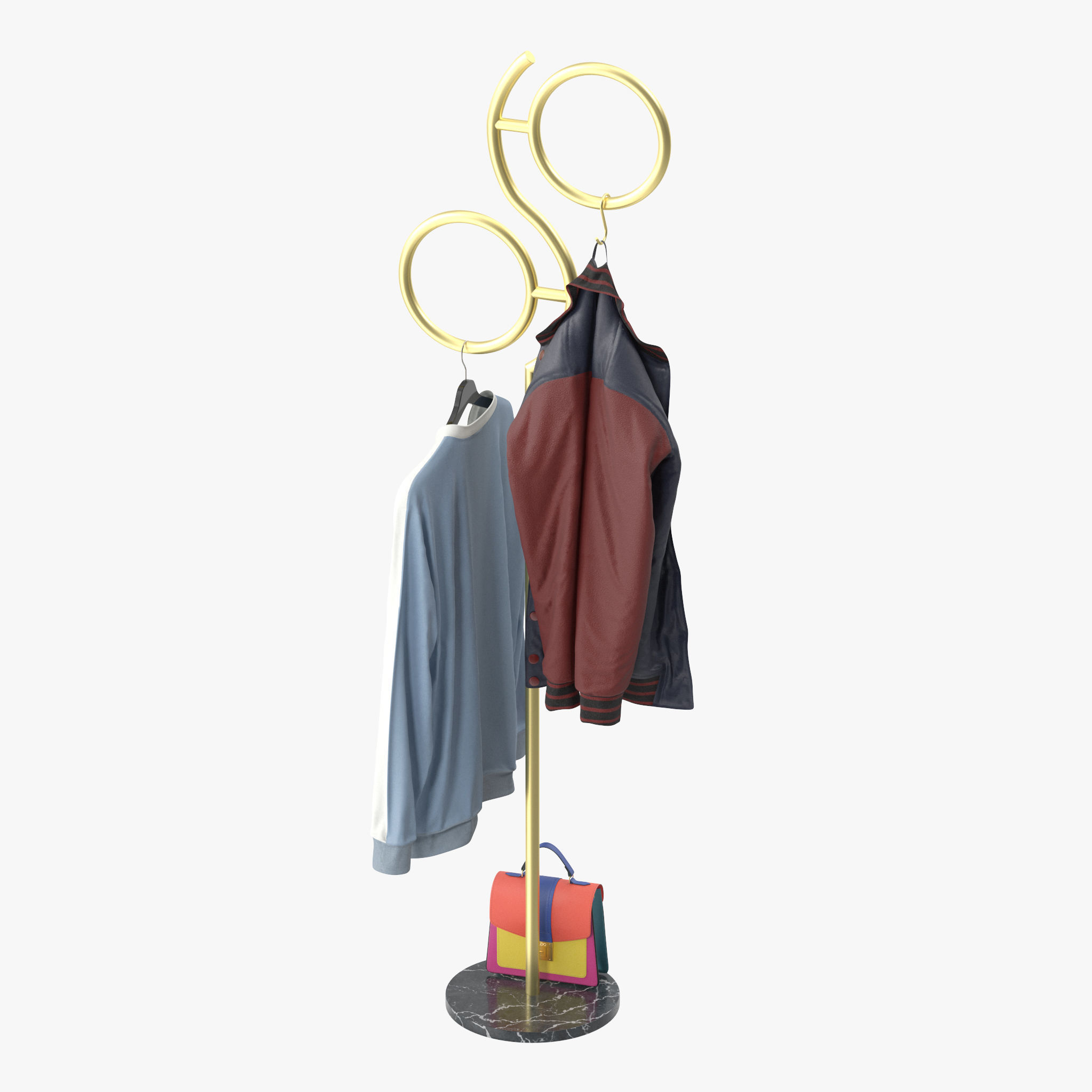 Hall Golden Metal Clothes Hanger Standing 3D model_11