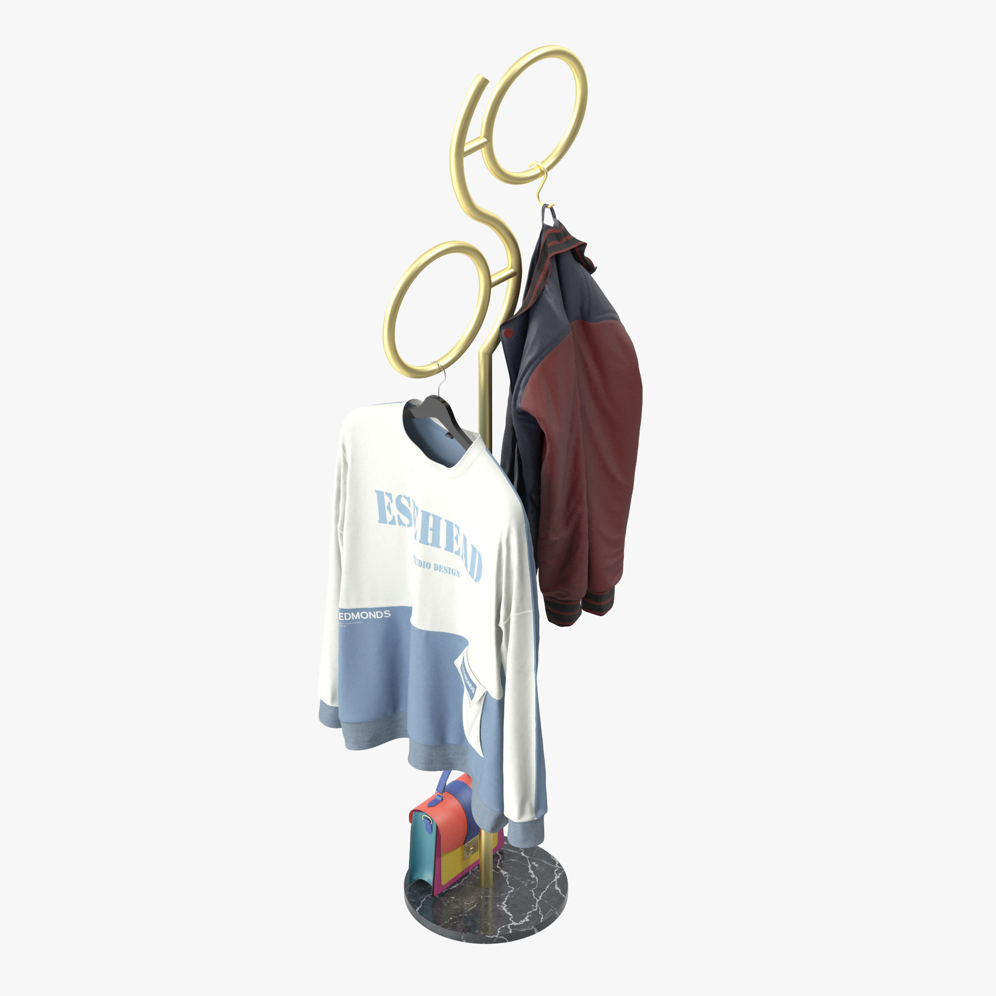 Hall Golden Metal Clothes Hanger Standing 3D model_8