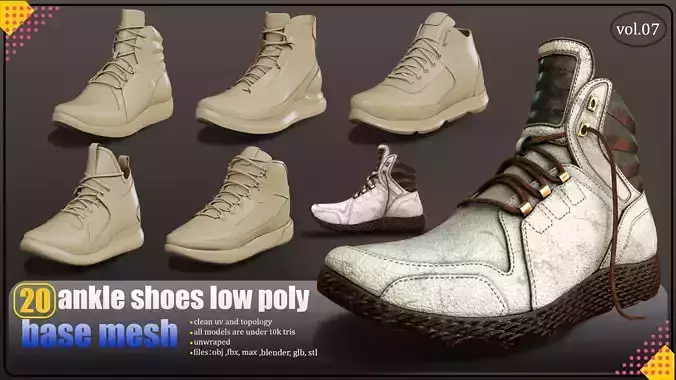 20 ankle shoes lowpoly basemesh Low-poly 3D model
