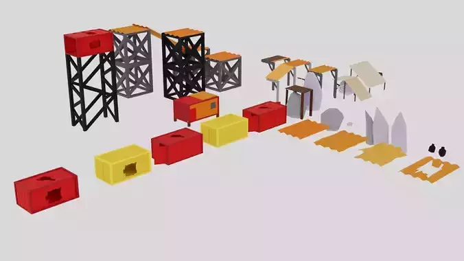 low-poly junkyard platform set