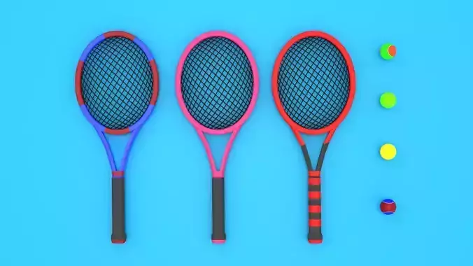 Tennis Racket and Balls Low-poly 3D model