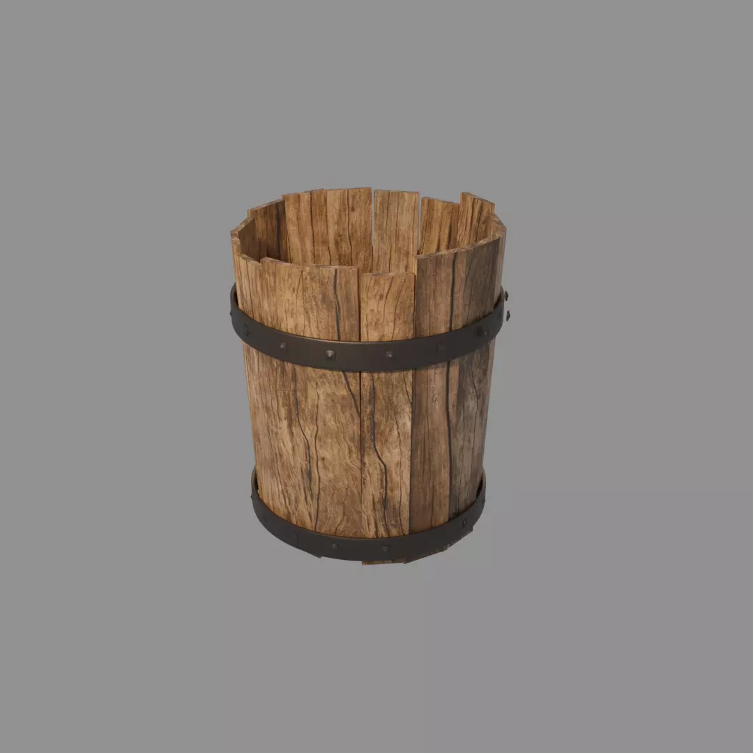Old wooden bucket Low-poly 3D model_0