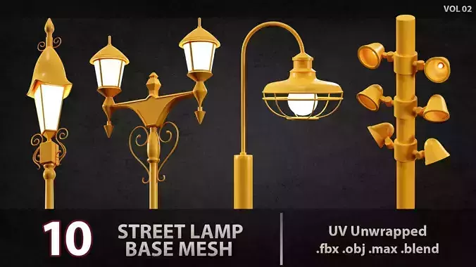 10 street lamps base mesh  Low Poly  Mid Poly Game Ready vol 02