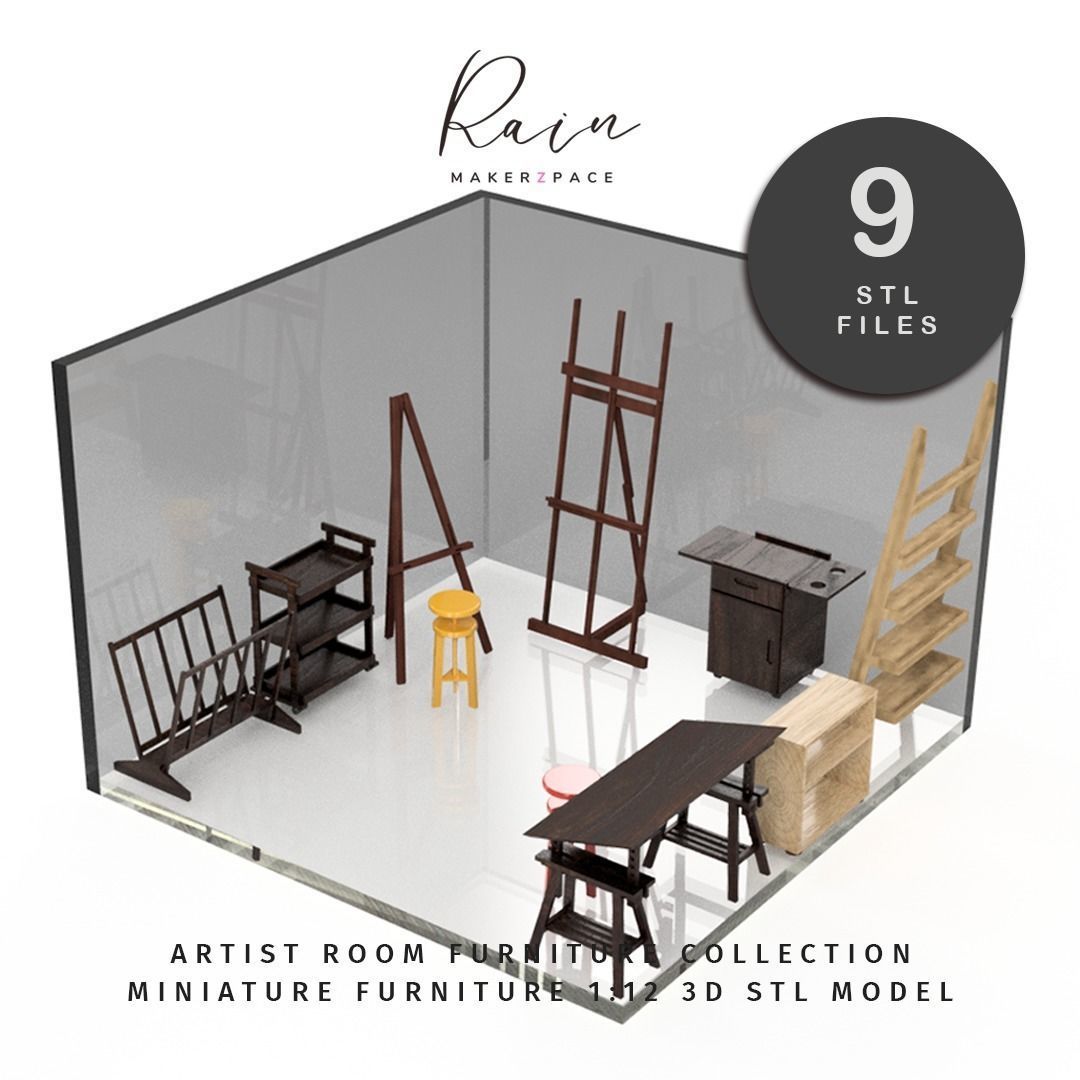 Mini Art Studio Furniture Collection 9  Items Miniature 3D print model_1