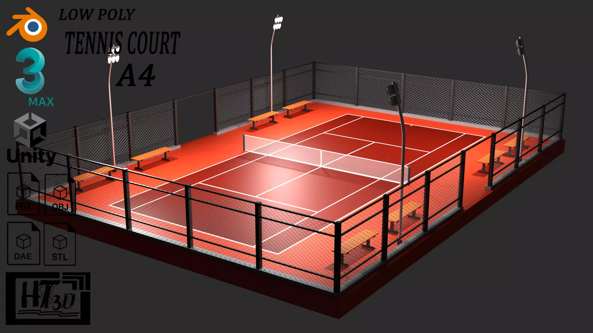 Tennis court A4 Low-poly 3D model_0