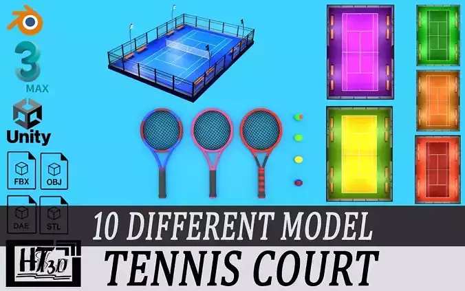 Low poly Tennis Court and Racket 3D Model Collection