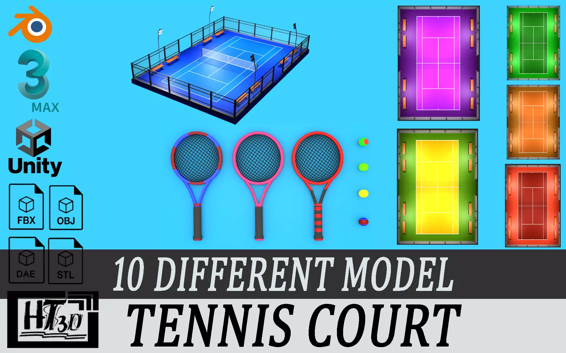 Low poly Tennis Court and Racket 3D Model Collection_0