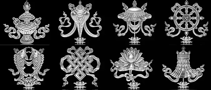 8 Auspicious symbols of Buddhism 3D Model Collection