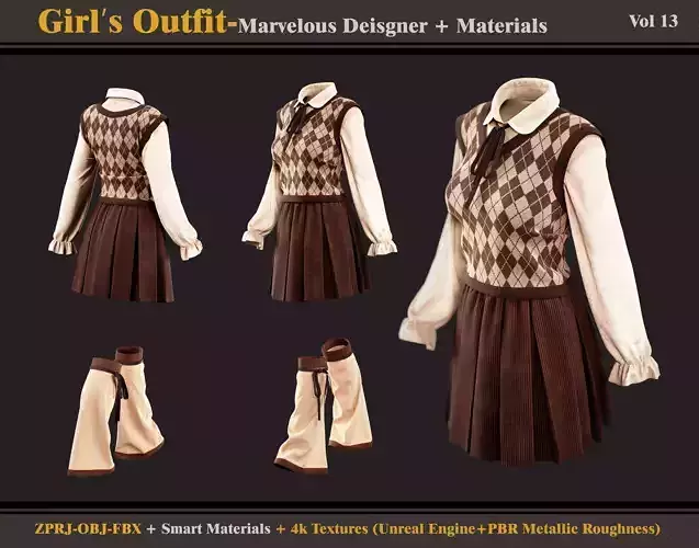 Girls Outfit- MD-Clo3d - Smart Material -Textures - OBJ - FBX