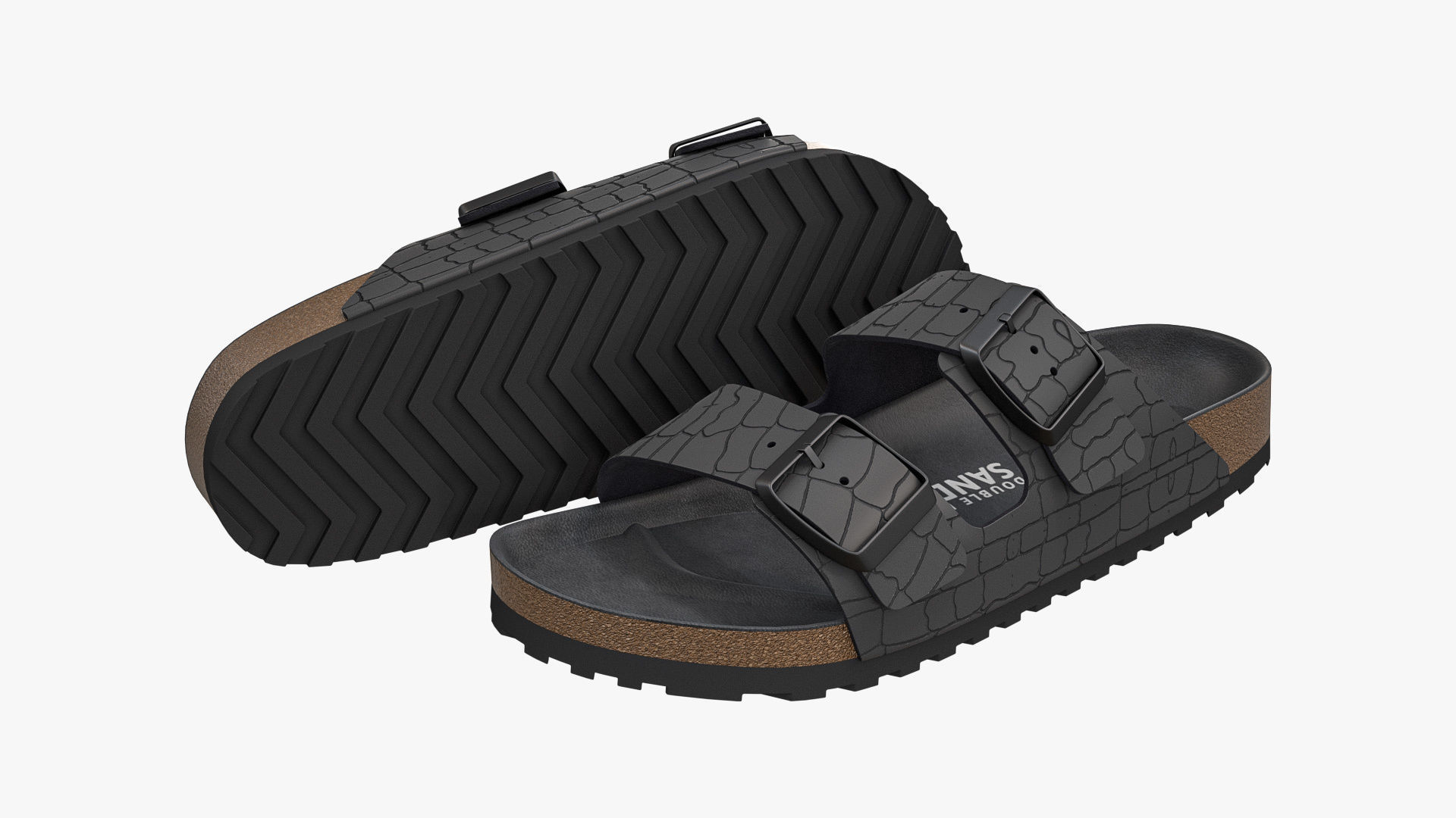 Double Buckle Sandals Black Leather 3D model_1