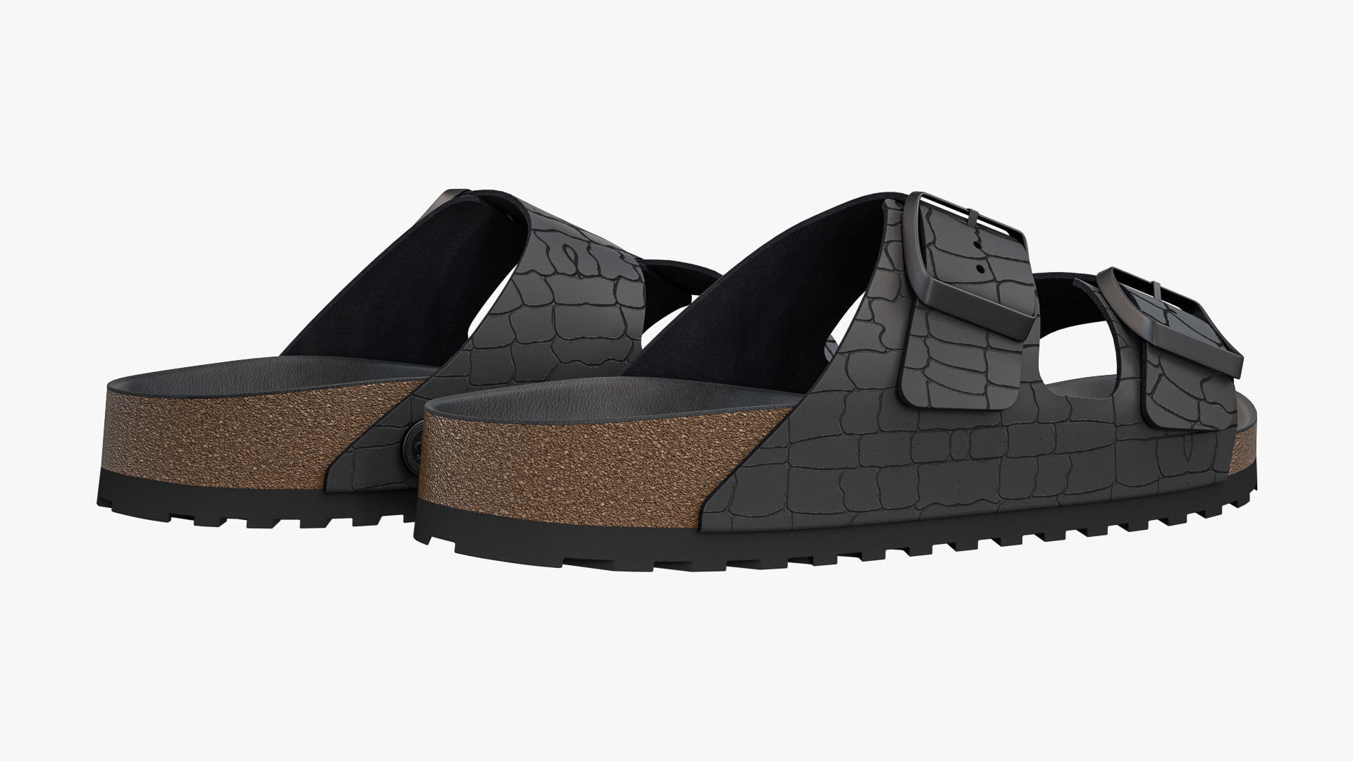 Double Buckle Sandals Black Leather 3D model_5