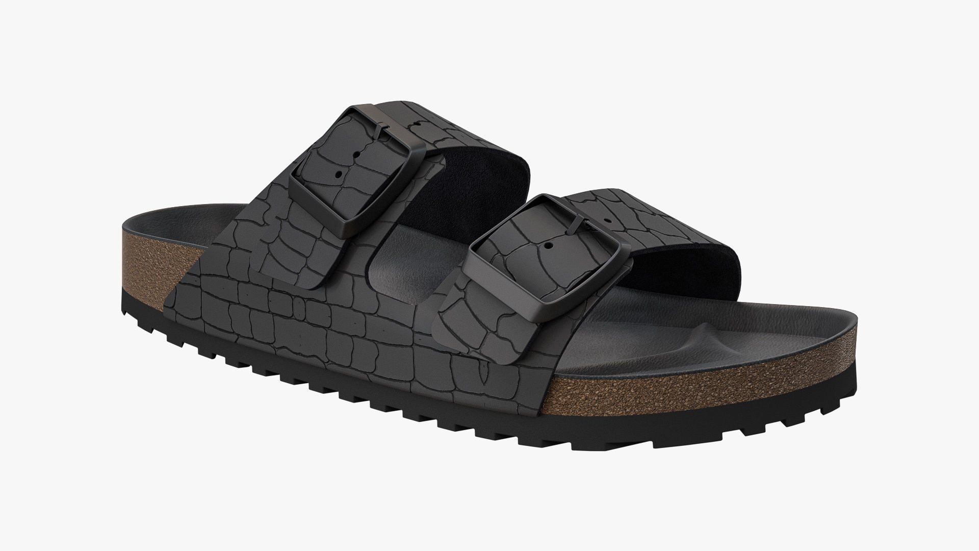 Double Buckle Sandals Black Leather 3D model_9