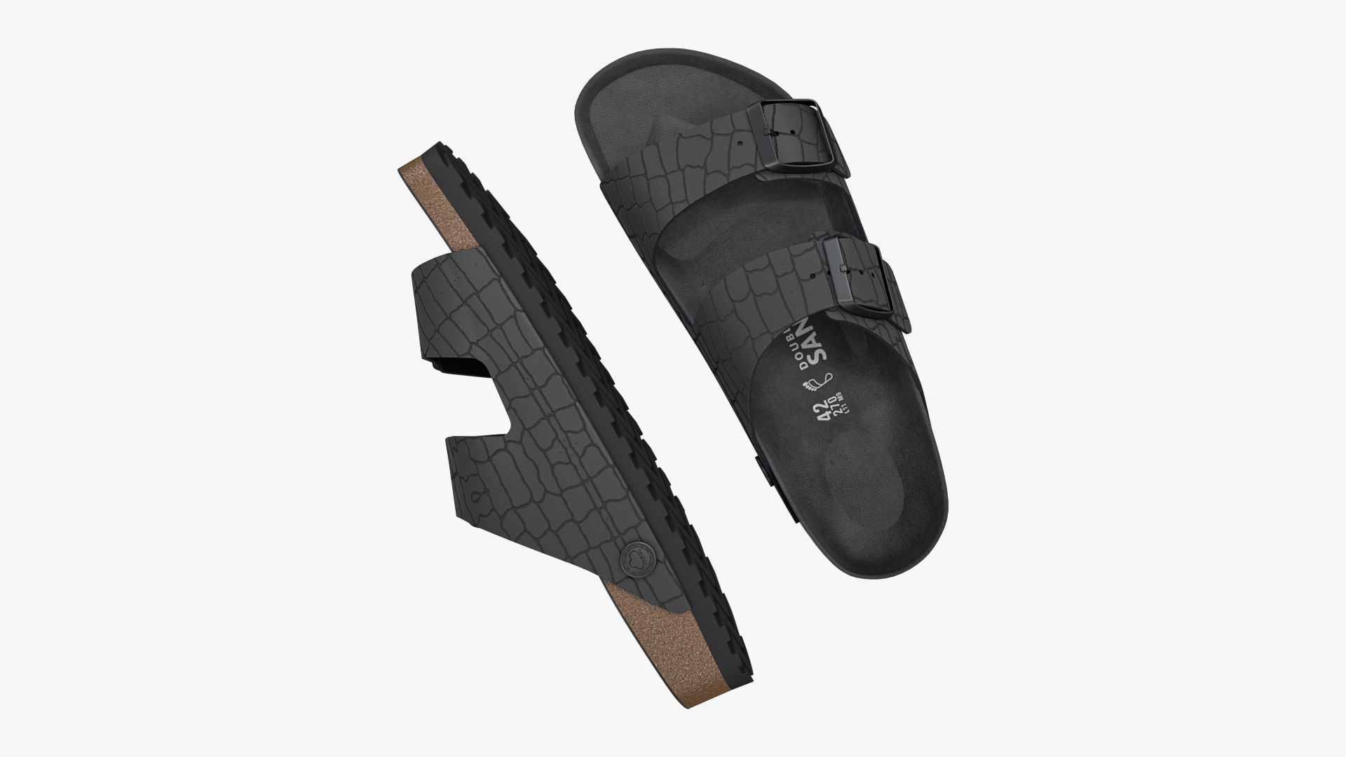 Double Buckle Sandals Black Leather 3D model_2