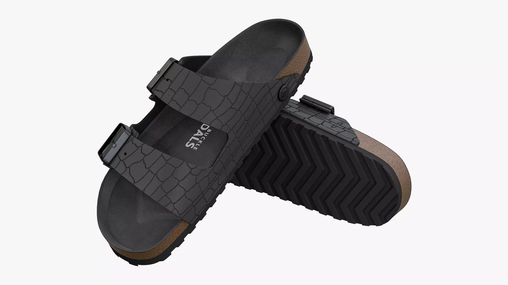 Double Buckle Sandals Black Leather 3D model_0