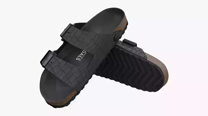 Double Buckle Sandals Black Leather 3D model