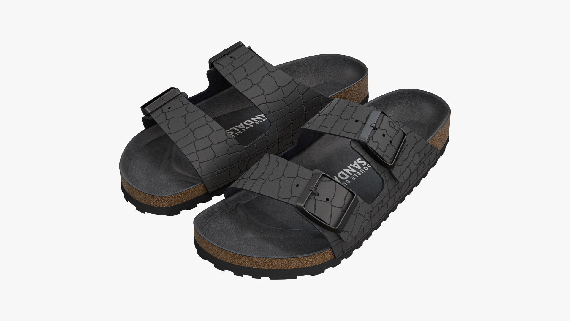 Double Buckle Sandals Black Leather 3D model_4