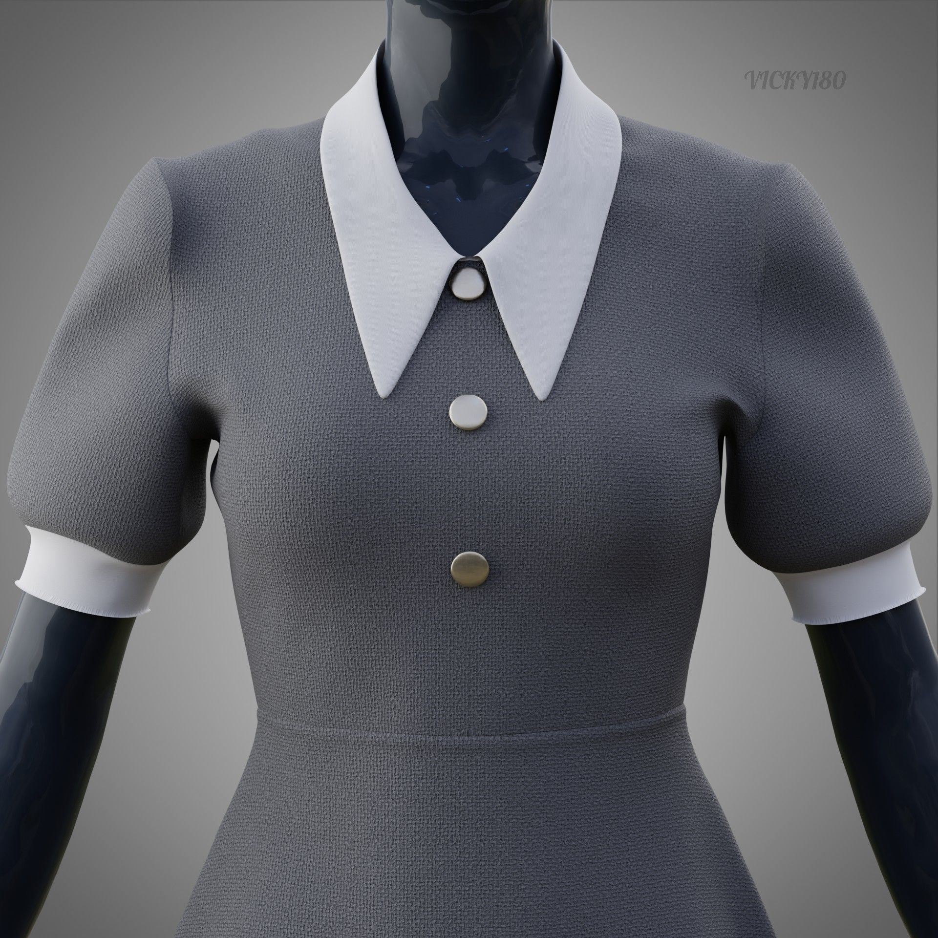 Grey Collared Formal Dress 3D model Low-poly 3D model_4
