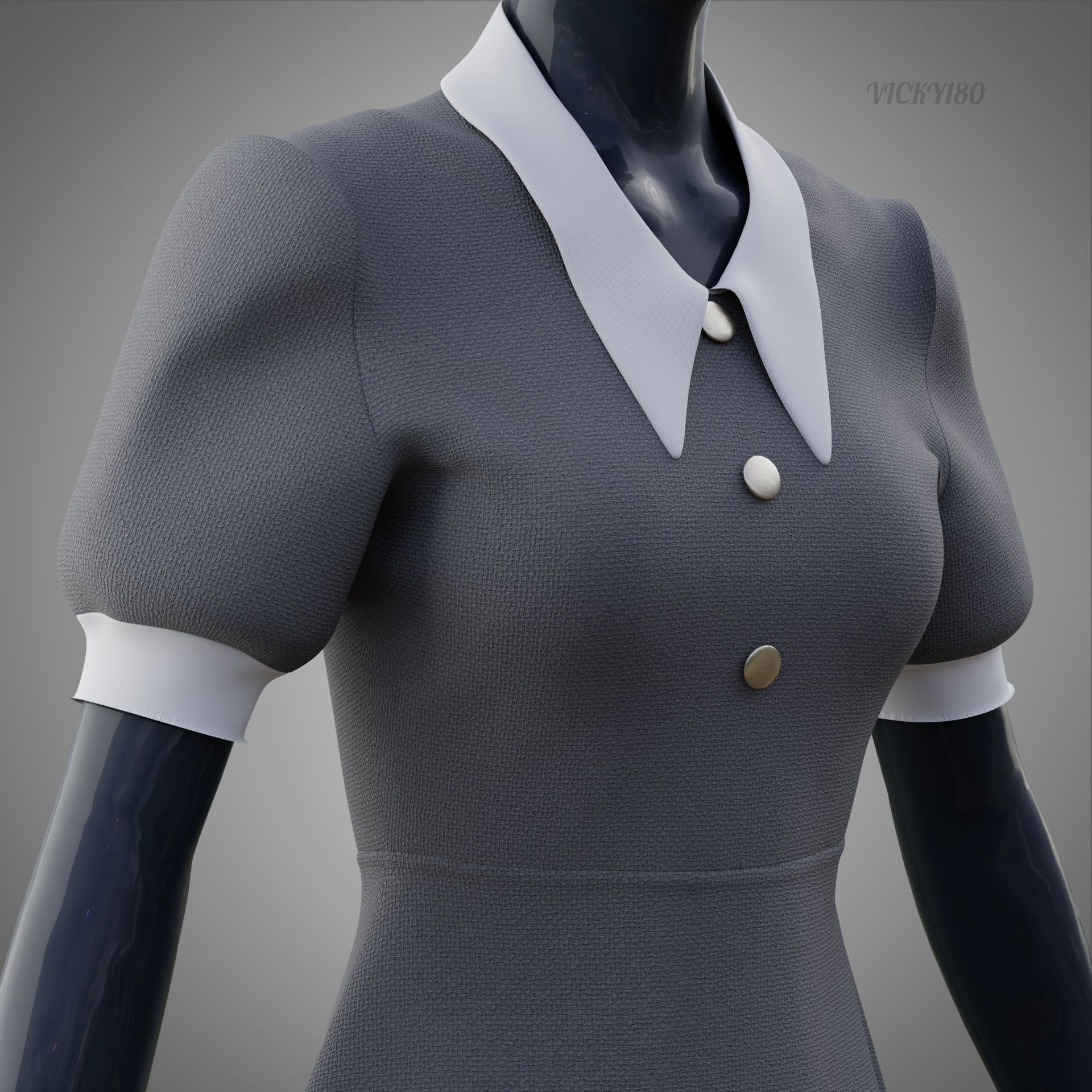 Grey Collared Formal Dress 3D model Low-poly 3D model_12