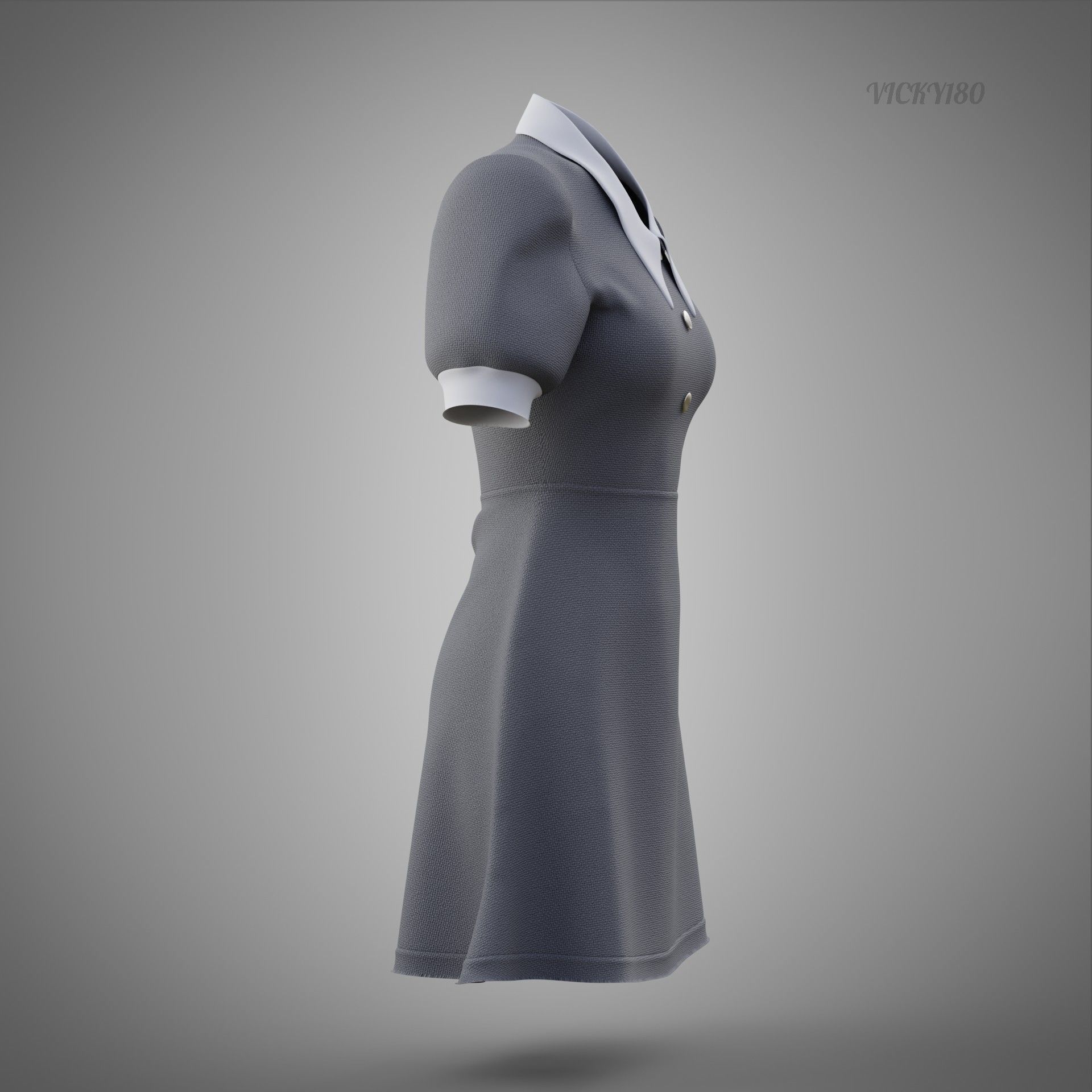 Grey Collared Formal Dress 3D model Low-poly 3D model_21