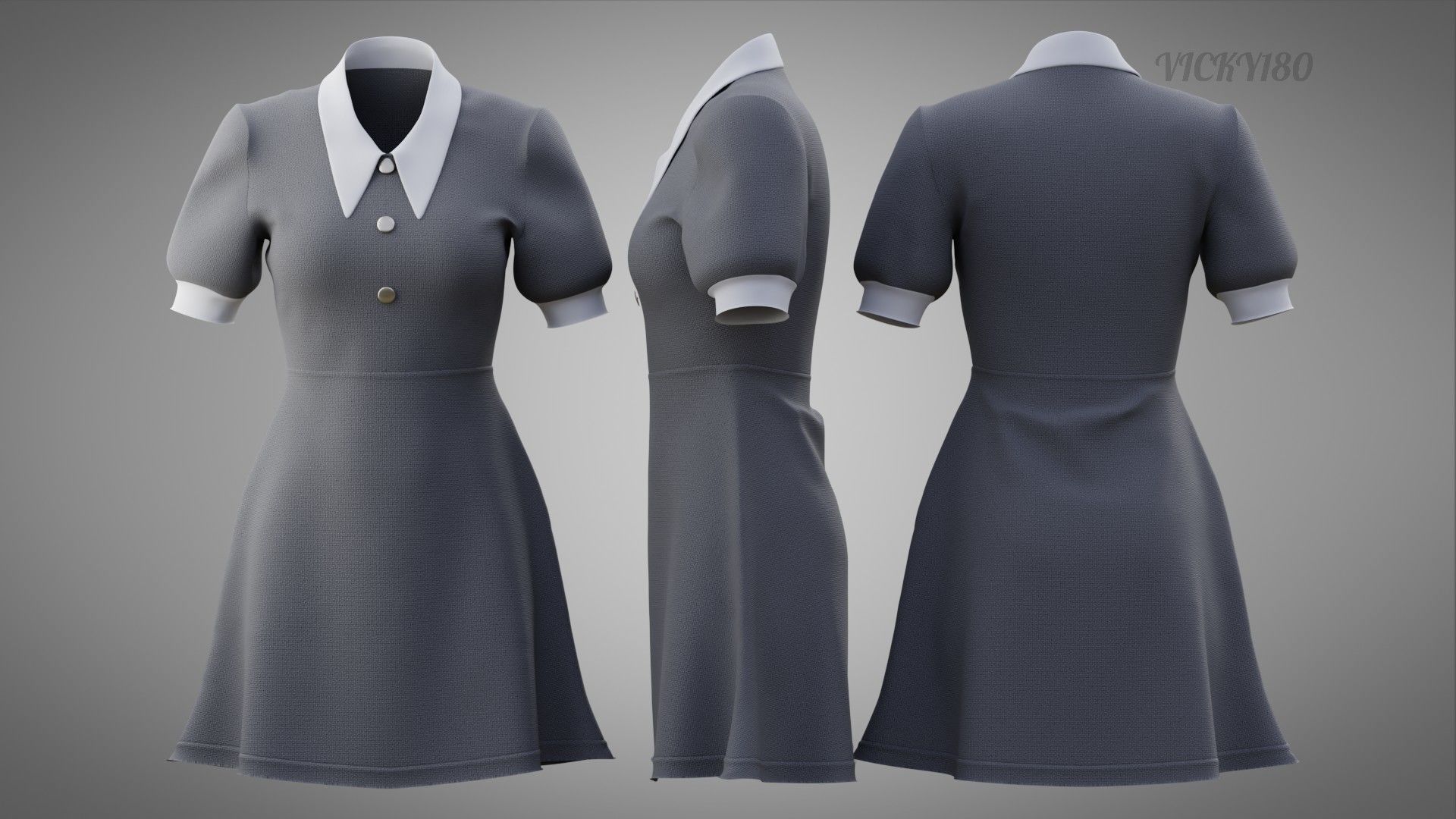 Grey Collared Formal Dress 3D model Low-poly 3D model_29