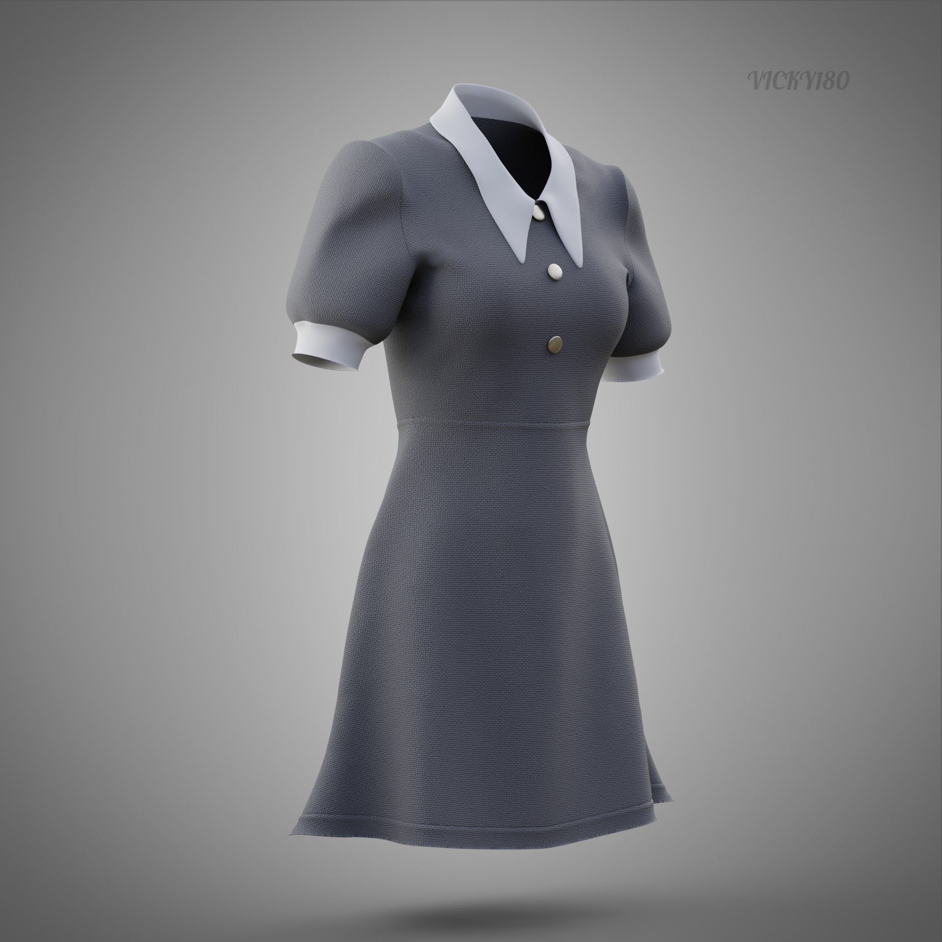 Grey Collared Formal Dress 3D model Low-poly 3D model_20
