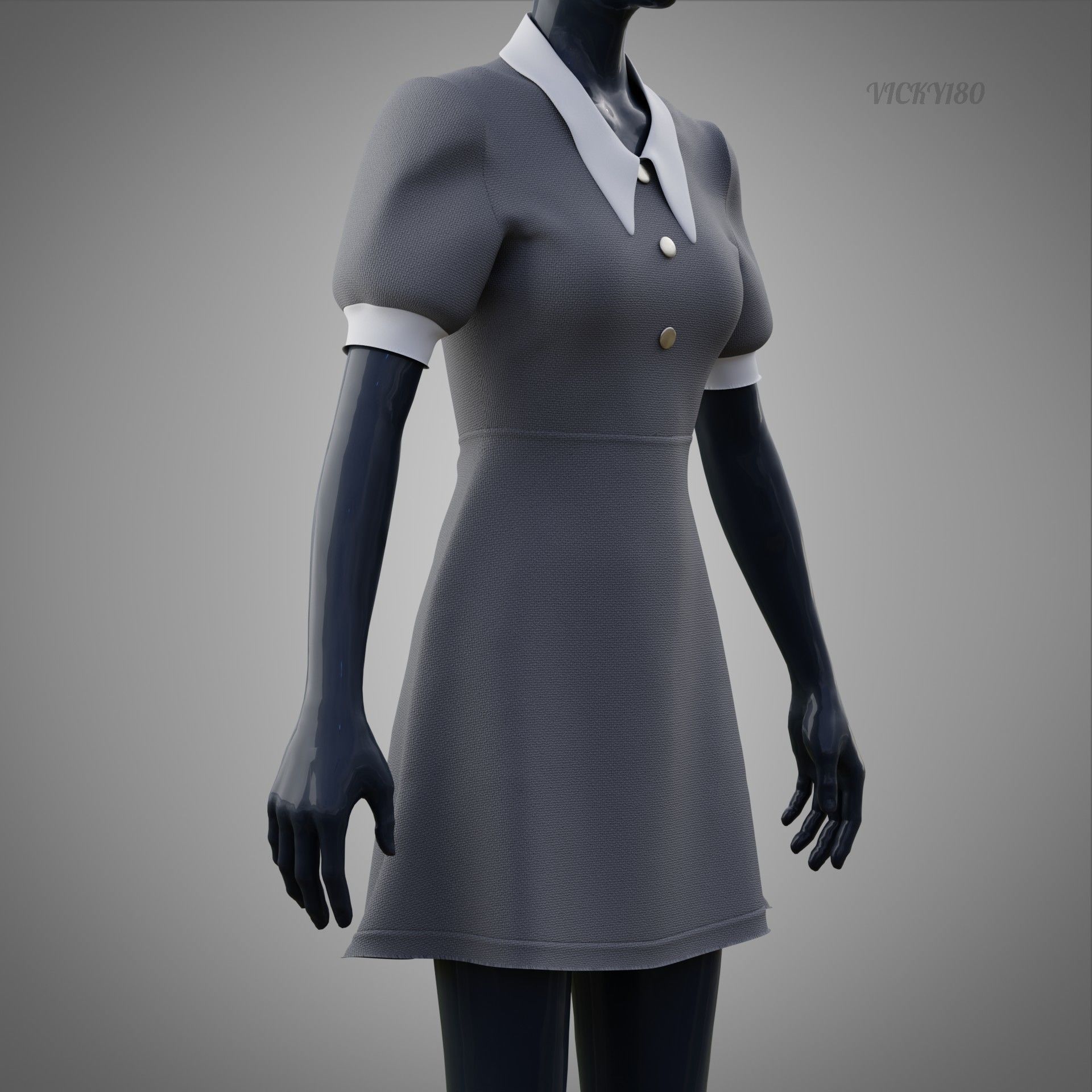 Grey Collared Formal Dress 3D model Low-poly 3D model_11